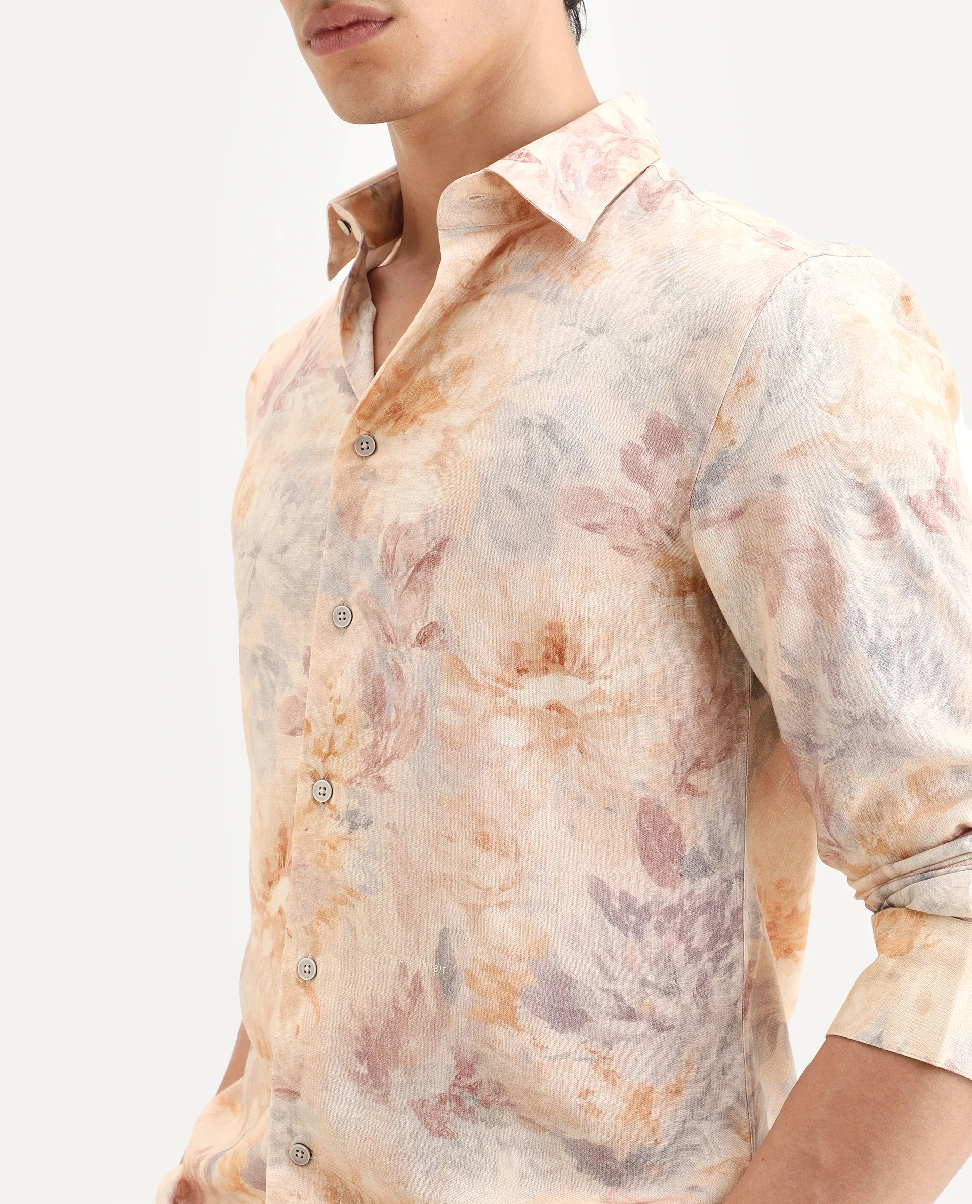 Rare Rabbit Men's Wolo Beige Linen Blend Fabric Full Sleeve Spread Collar Regular Fit Floral Print Shirt - Image 3