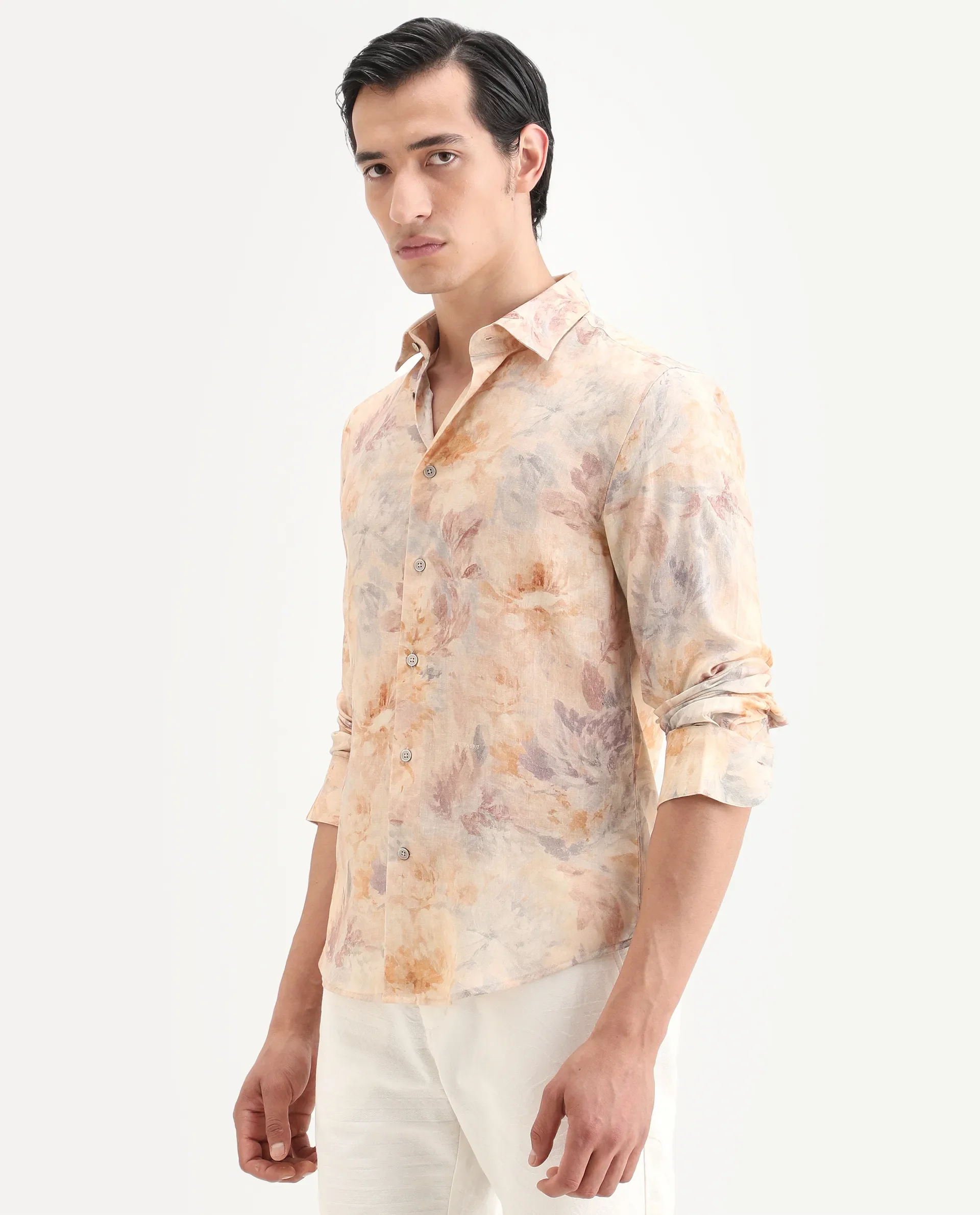 Rare Rabbit Men's Wolo Beige Linen Blend Fabric Full Sleeve Spread Collar Regular Fit Floral Print Shirt - Image 4