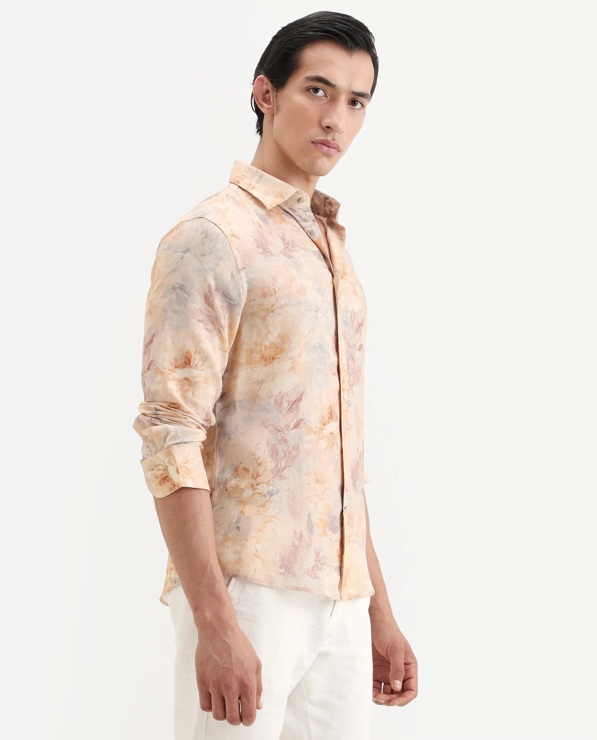 Rare Rabbit Men's Wolo Beige Linen Blend Fabric Full Sleeve Spread Collar Regular Fit Floral Print Shirt - Image 5