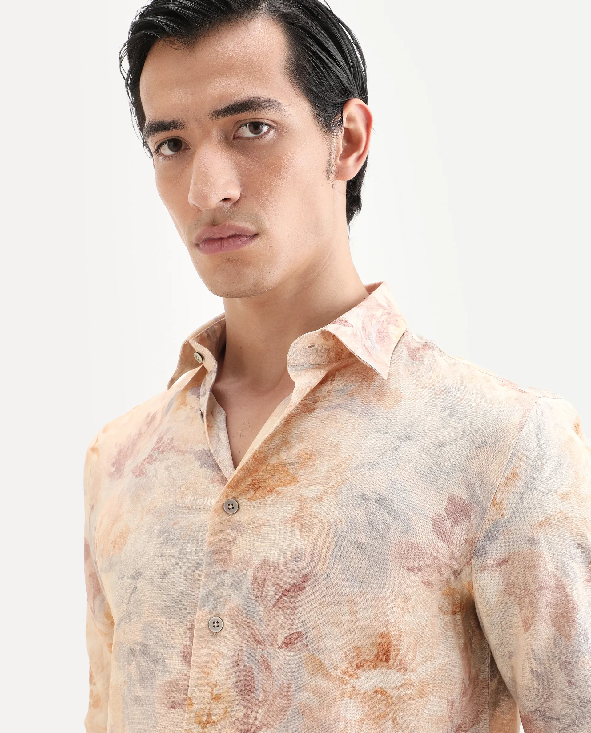 Rare Rabbit Men's Wolo Beige Linen Blend Fabric Full Sleeve Spread Collar Regular Fit Floral Print Shirt - Image 6