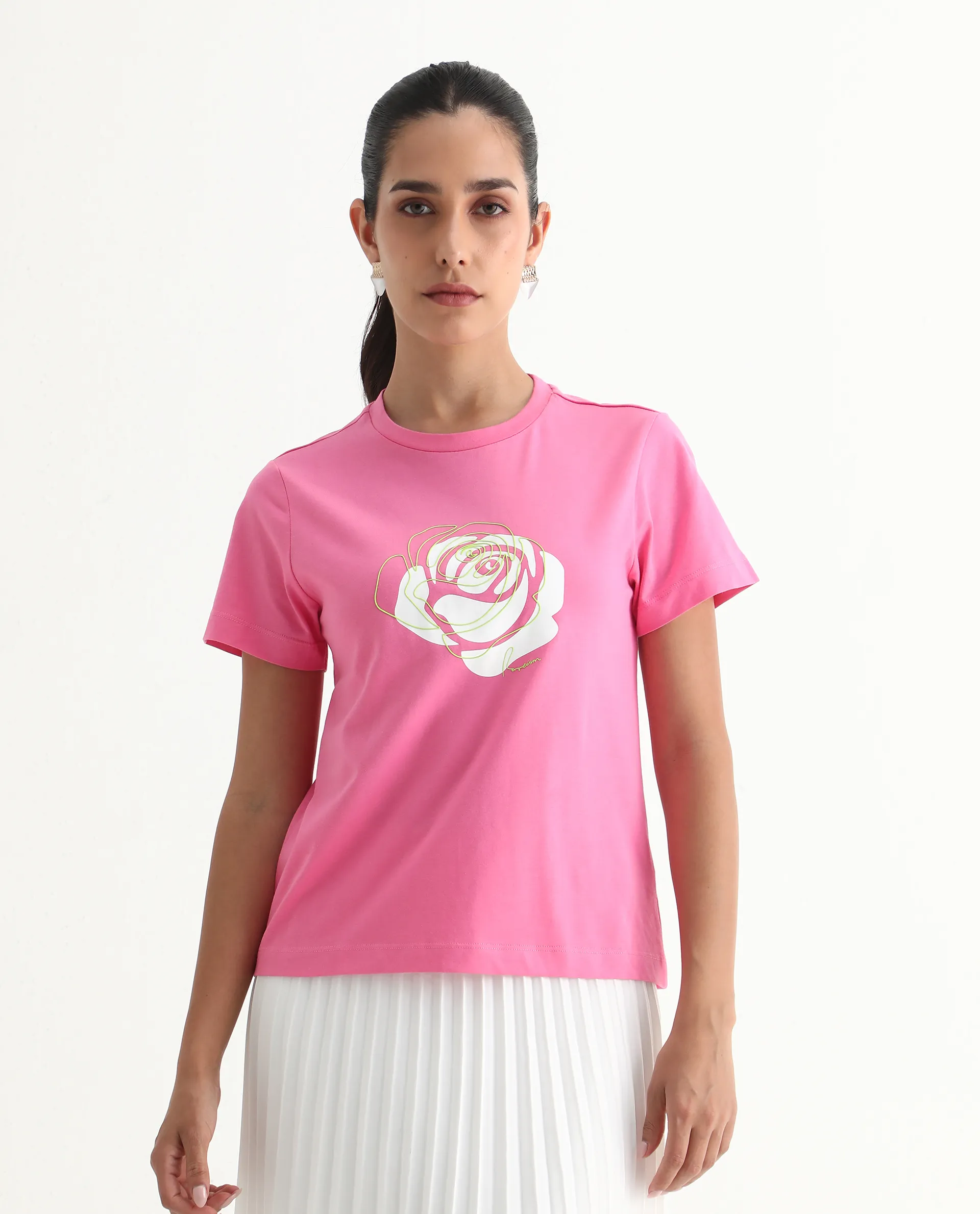 Rareism Women's Wond Light Pink Cotton Blend Crew Neck Floral Print Regular Fit T-Shirt - Image 2