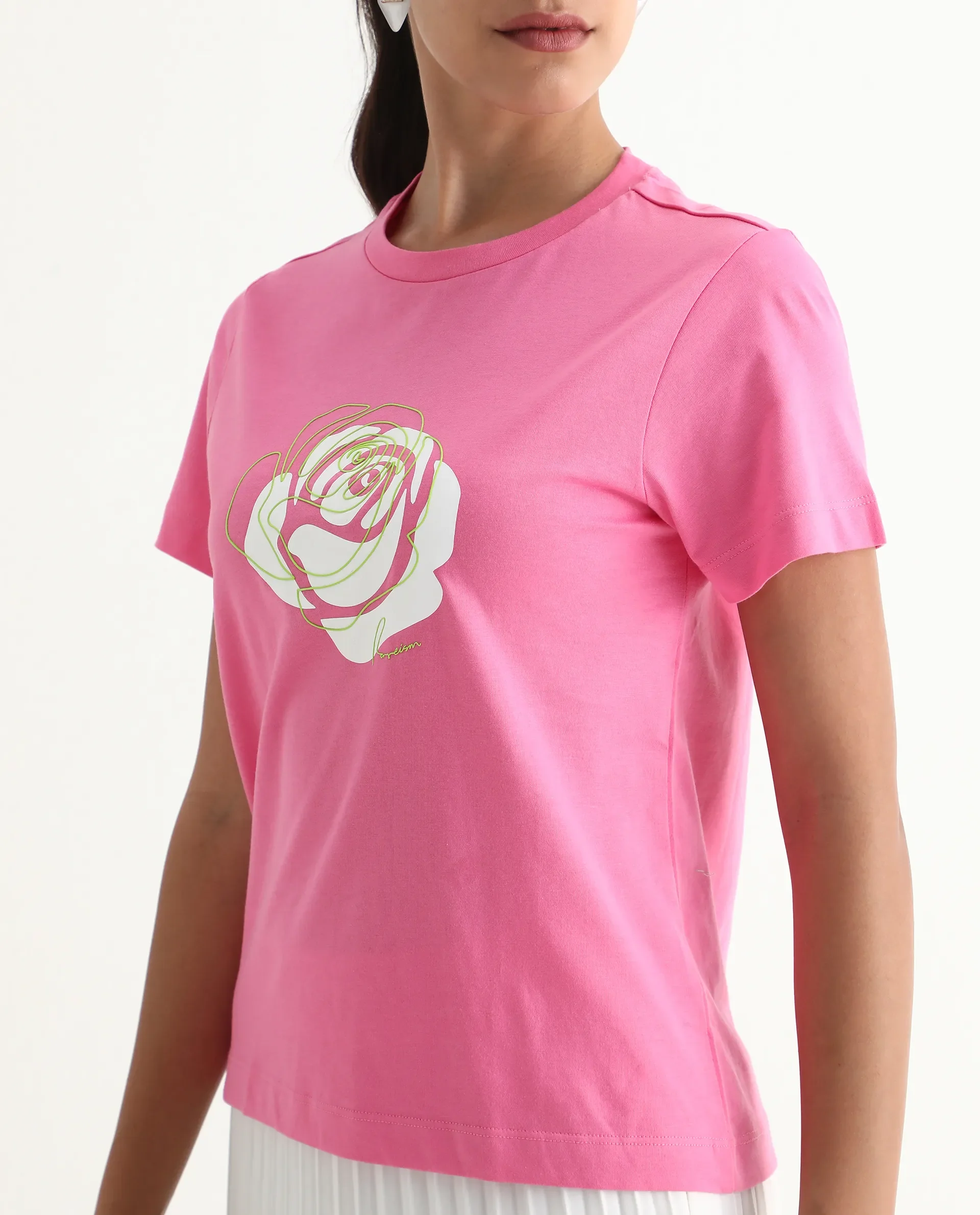 Rareism Women's Wond Light Pink Cotton Blend Crew Neck Floral Print Regular Fit T-Shirt - Image 3
