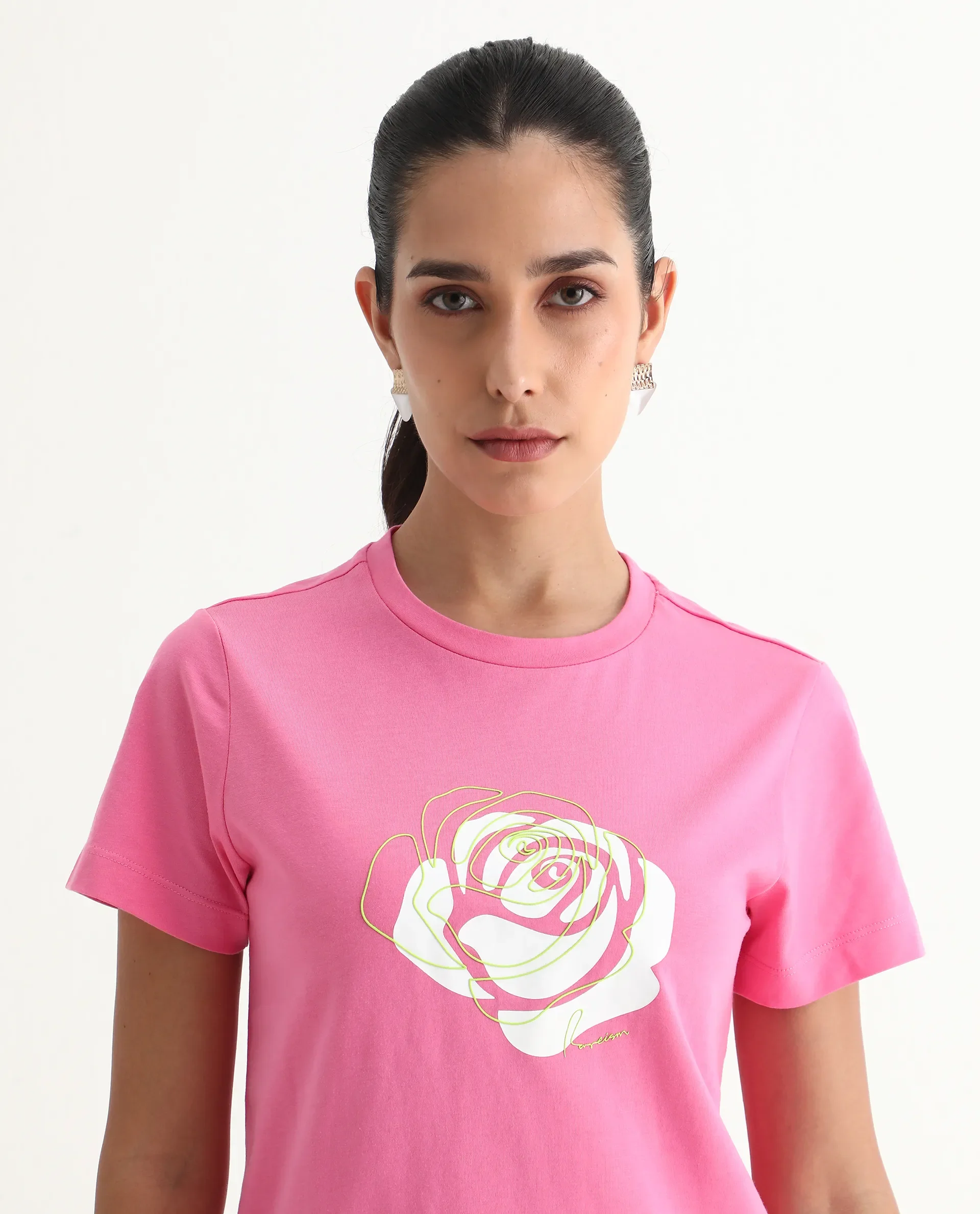 Rareism Women's Wond Light Pink Cotton Blend Crew Neck Floral Print Regular Fit T-Shirt - Image 4