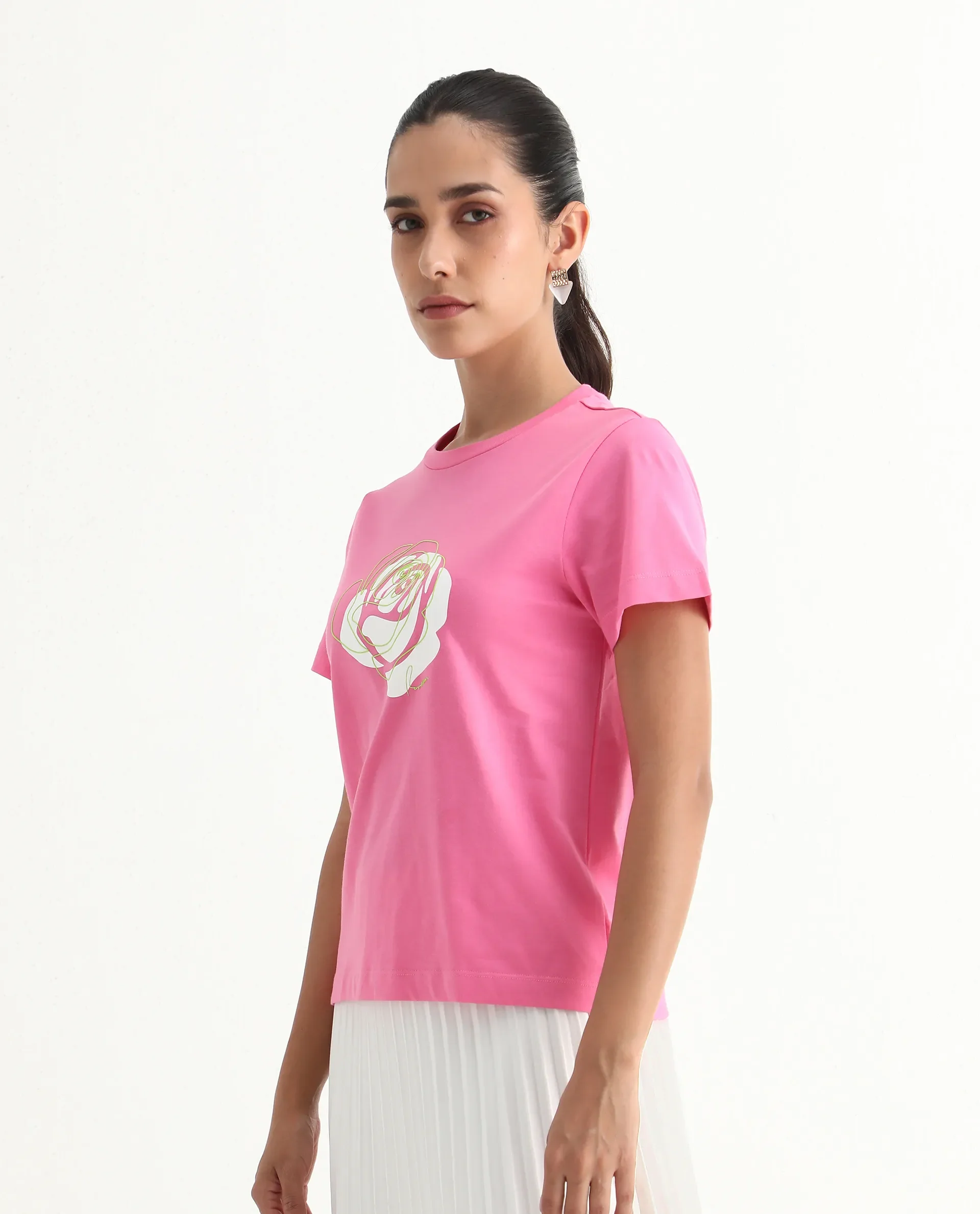 Rareism Women's Wond Light Pink Cotton Blend Crew Neck Floral Print Regular Fit T-Shirt - Image 5
