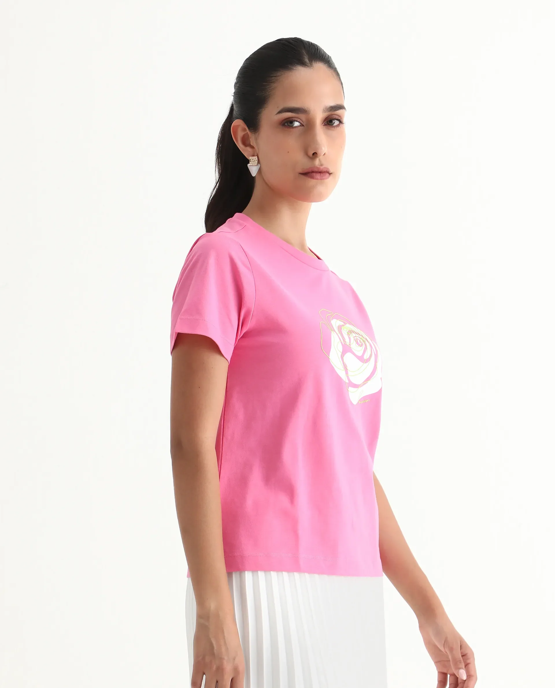 Rareism Women's Wond Light Pink Cotton Blend Crew Neck Floral Print Regular Fit T-Shirt - Image 6