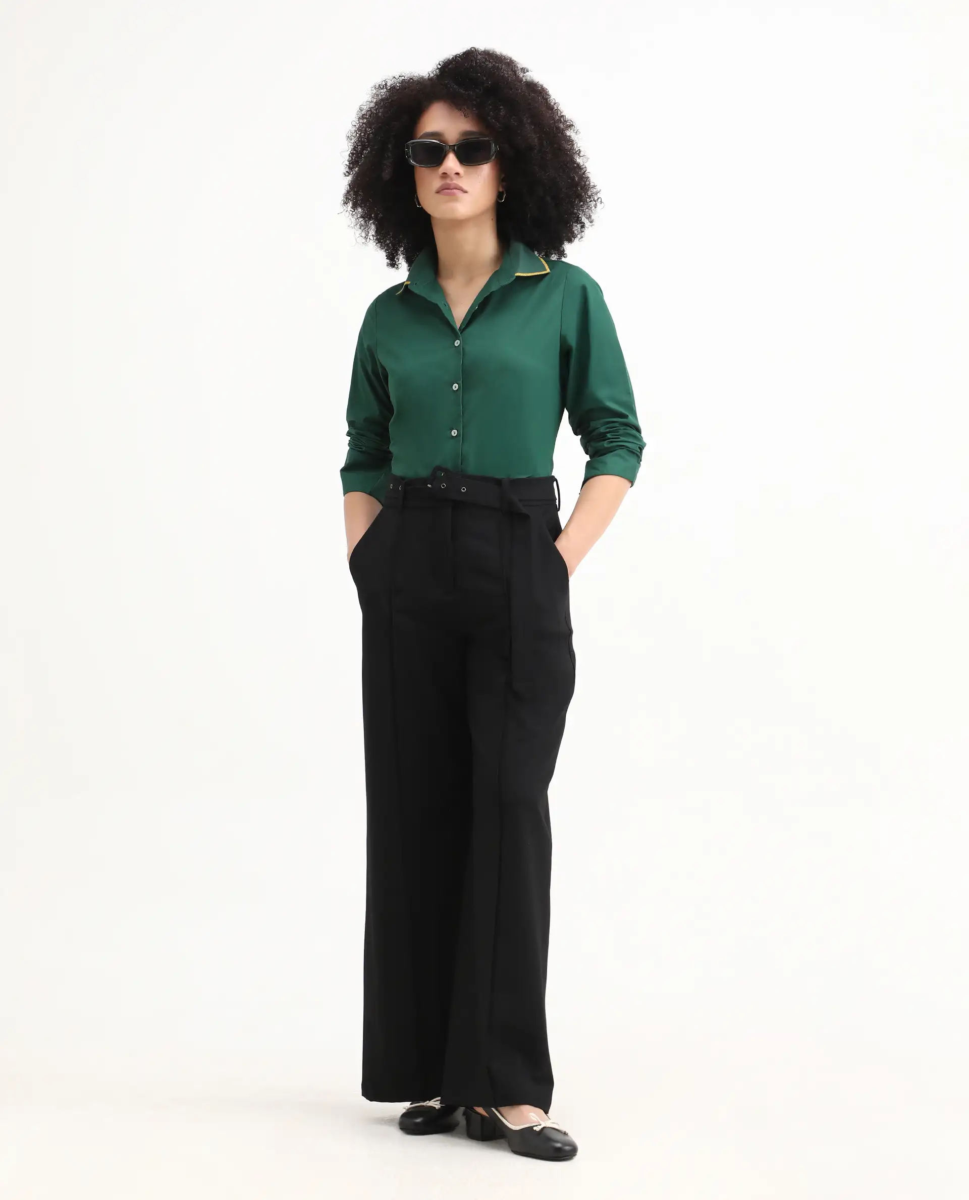Rareism Women's Wonton Dark Green Cotton Ribbed Collar Plain Cuffed Sleeve Regular Fit Top - Image 2