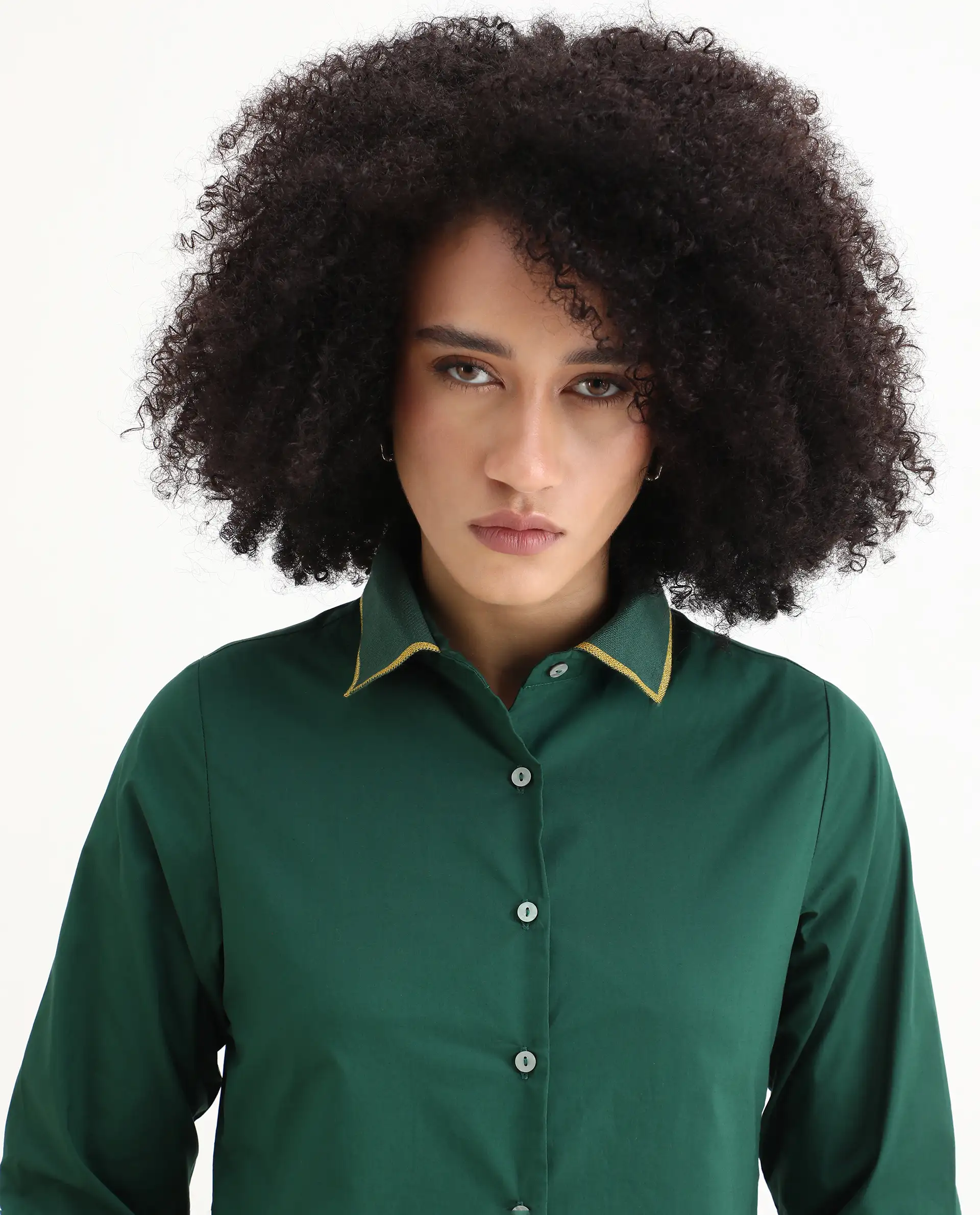 Rareism Women's Wonton Dark Green Cotton Ribbed Collar Plain Cuffed Sleeve Regular Fit Top - Image 3