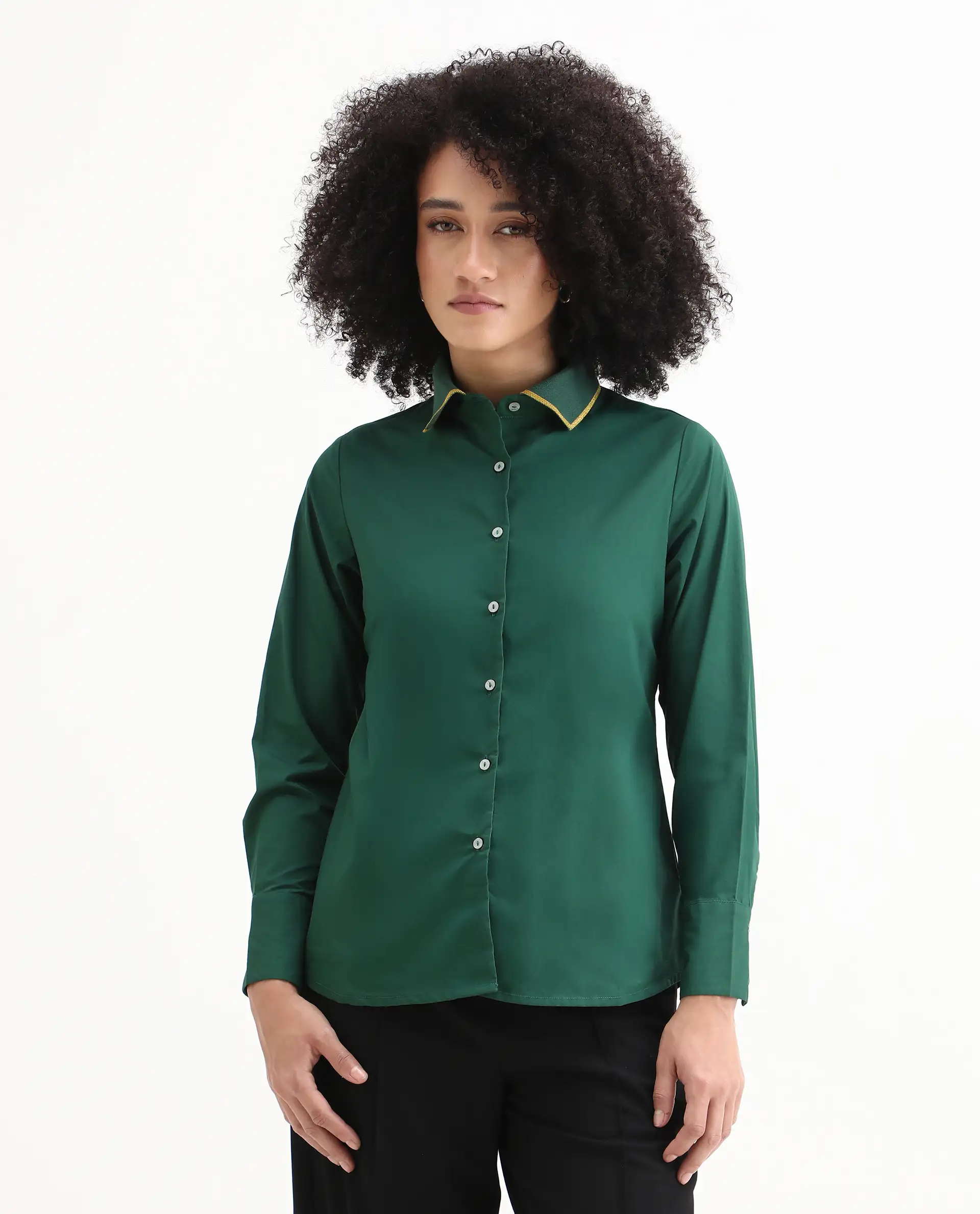Rareism Women's Wonton Dark Green Cotton Ribbed Collar Plain Cuffed Sleeve Regular Fit Top - Image 4