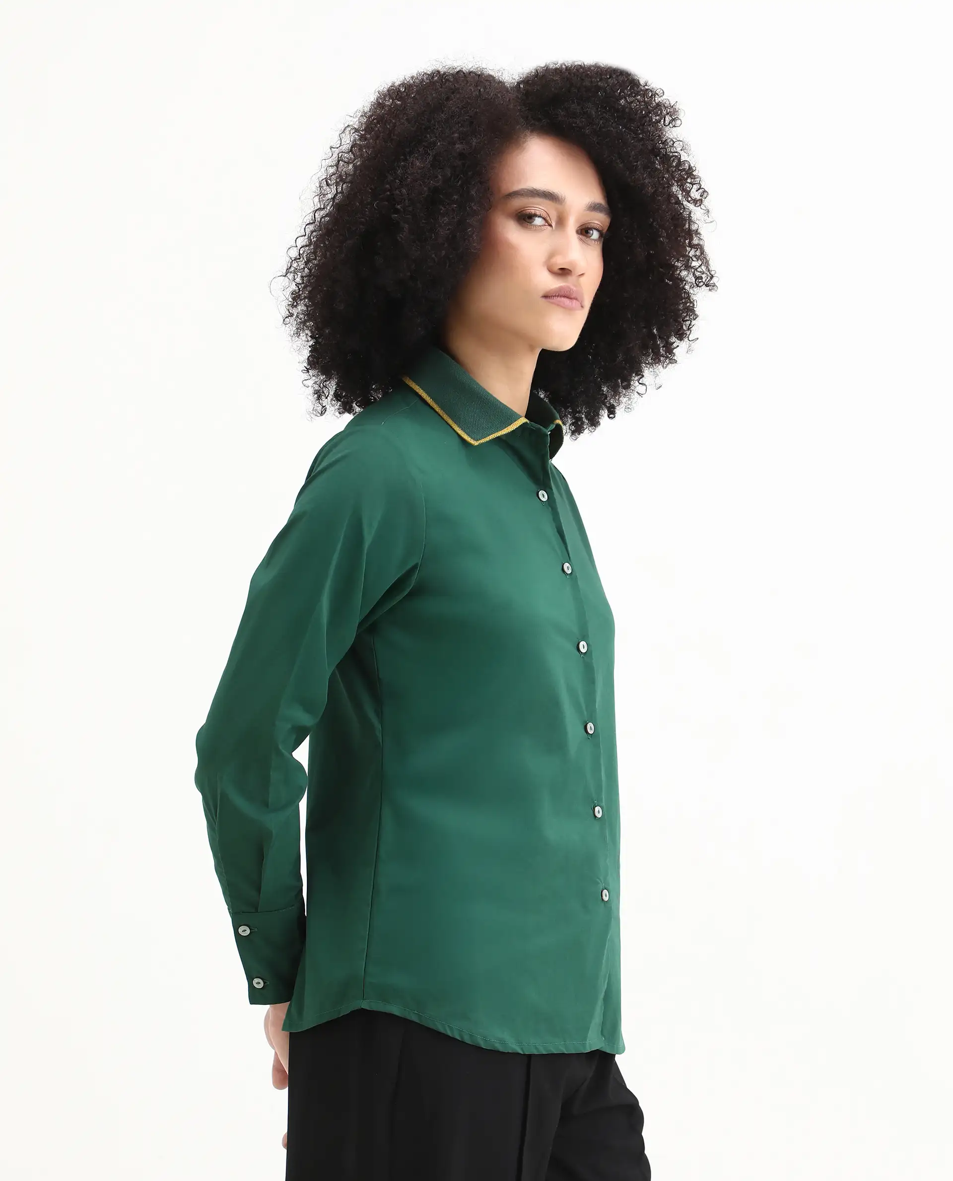 Rareism Women's Wonton Dark Green Cotton Ribbed Collar Plain Cuffed Sleeve Regular Fit Top - Image 5