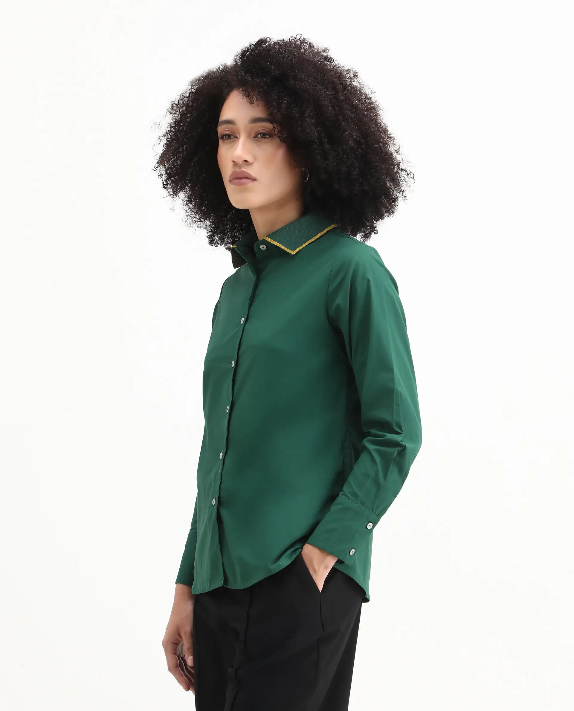 Rareism Women's Wonton Dark Green Cotton Ribbed Collar Plain Cuffed Sleeve Regular Fit Top - Image 6
