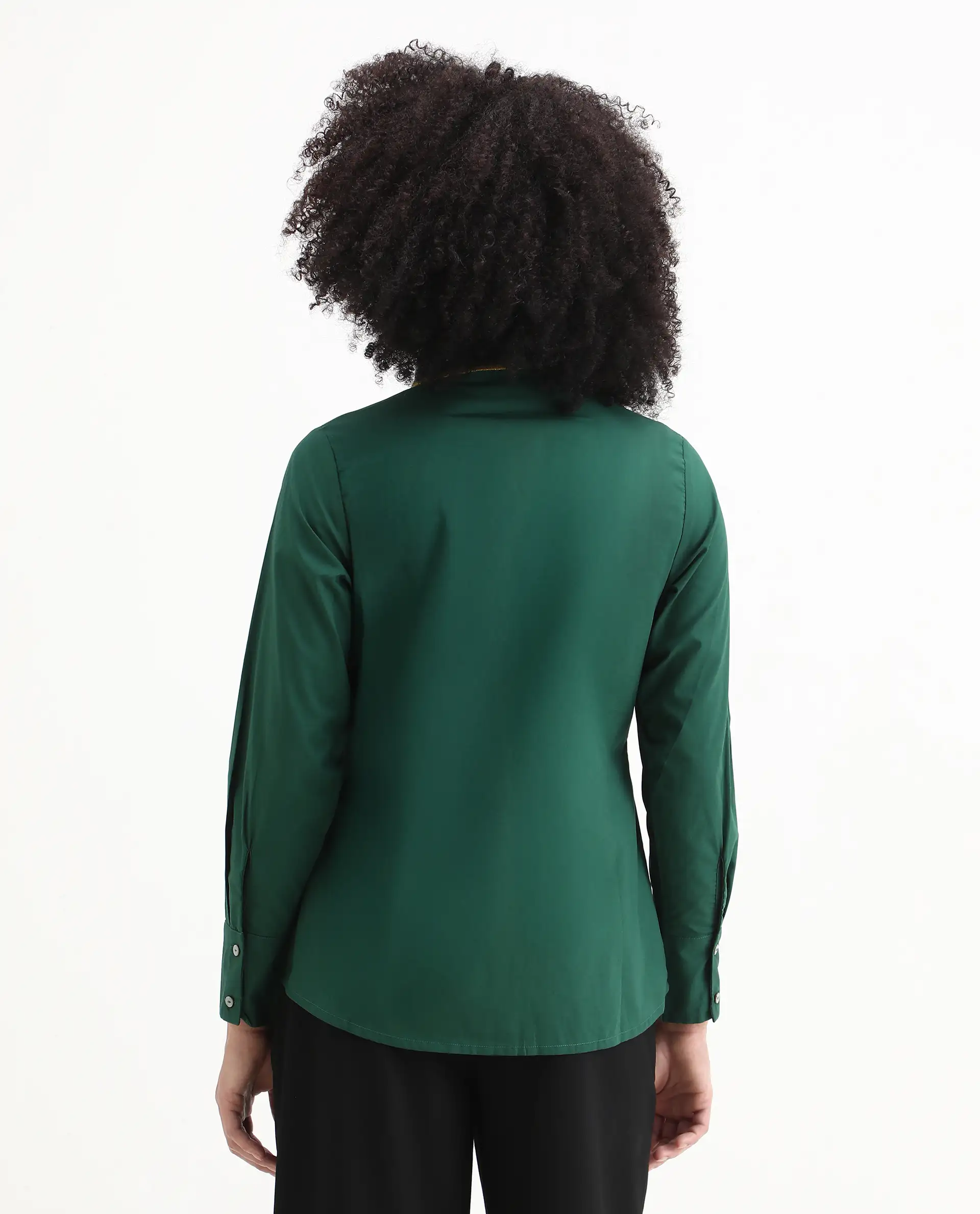 Rareism Women's Wonton Dark Green Cotton Ribbed Collar Plain Cuffed Sleeve Regular Fit Top - Image 7