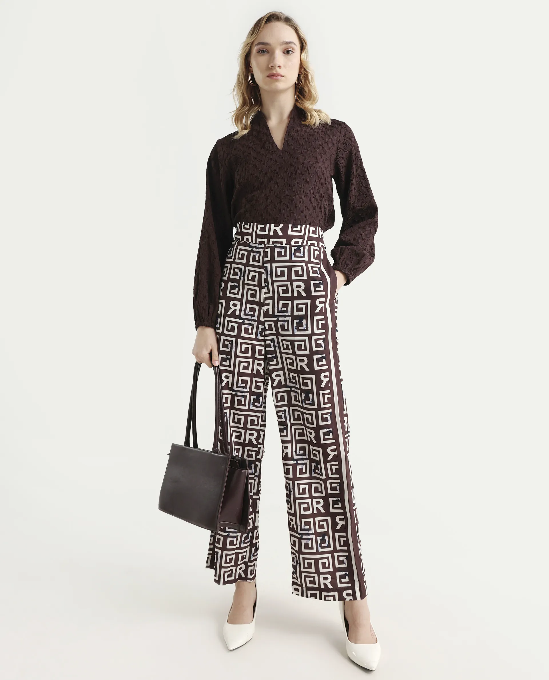 Rareism Women's Wood Brown Polyester Geometric Print Ankle Length Regular Fit Trouser - Image 2