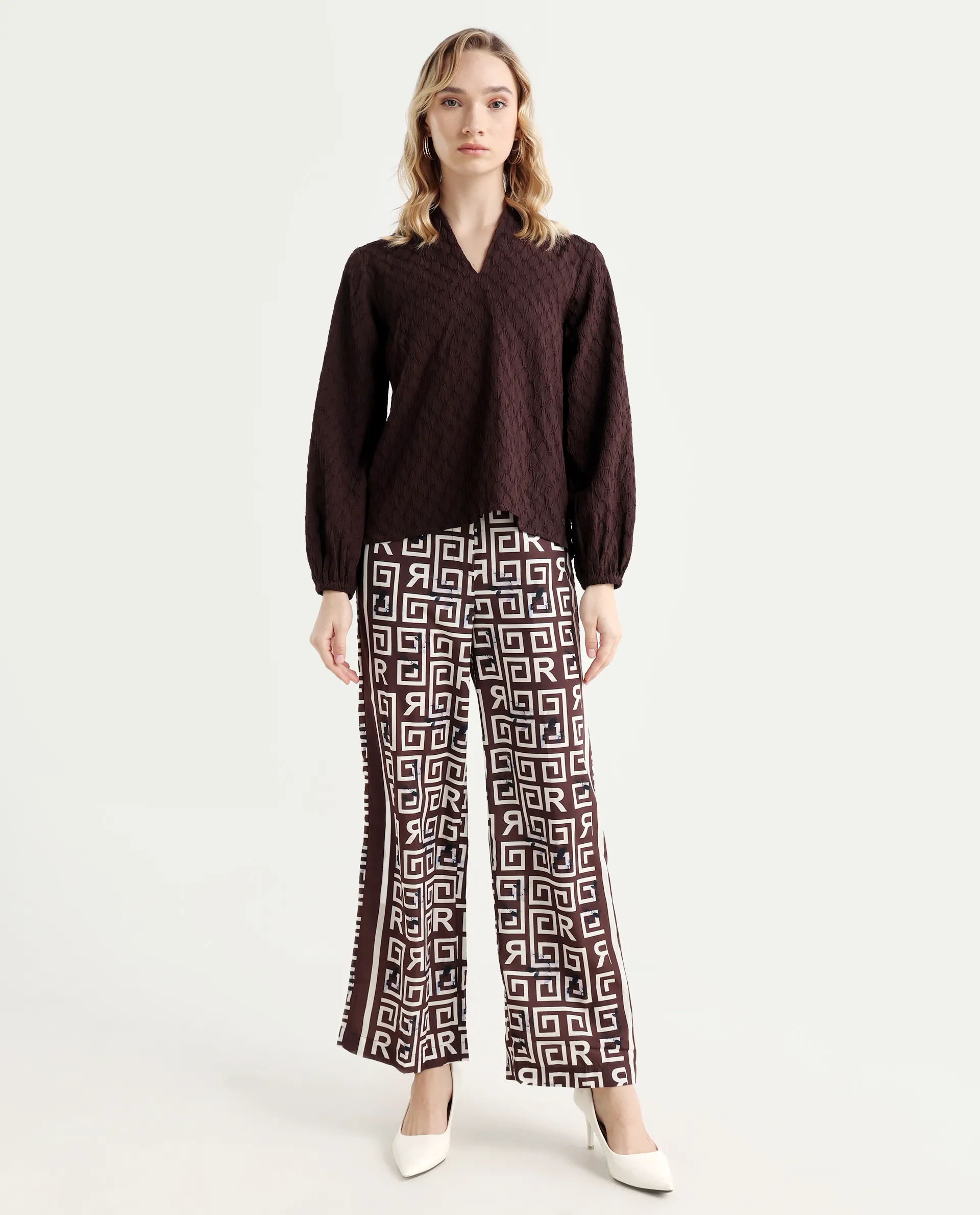 Rareism Women's Wood Brown Polyester Geometric Print Ankle Length Regular Fit Trouser - Image 3