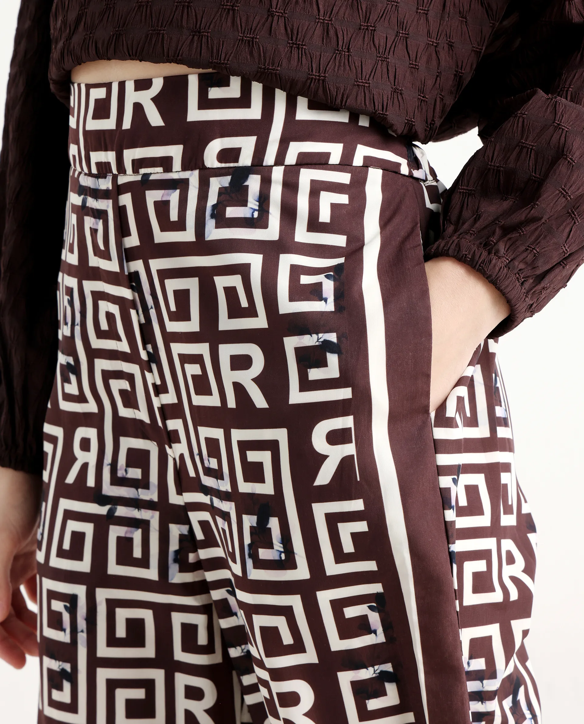 Rareism Women's Wood Brown Polyester Geometric Print Ankle Length Regular Fit Trouser - Image 4
