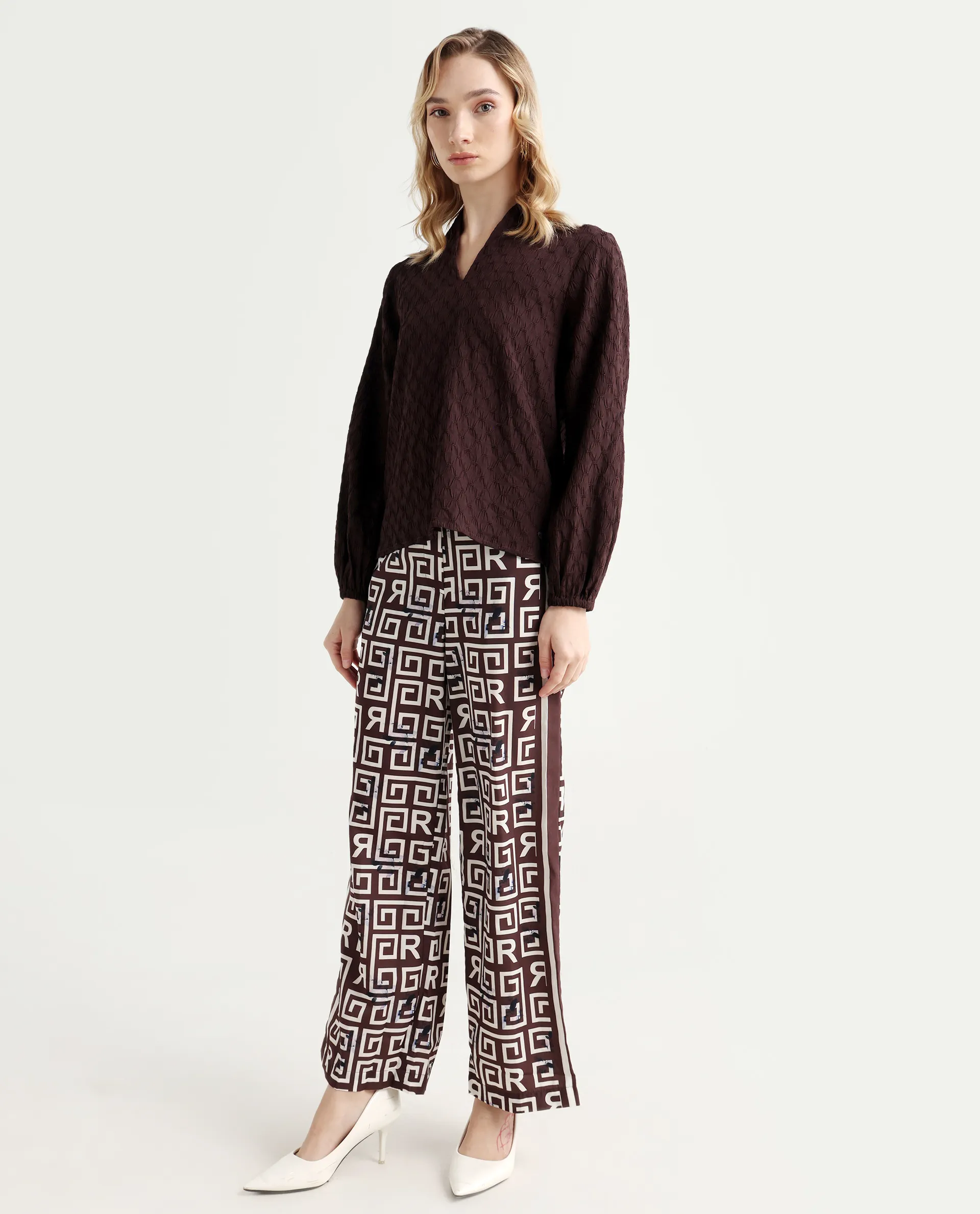 Rareism Women's Wood Brown Polyester Geometric Print Ankle Length Regular Fit Trouser - Image 5