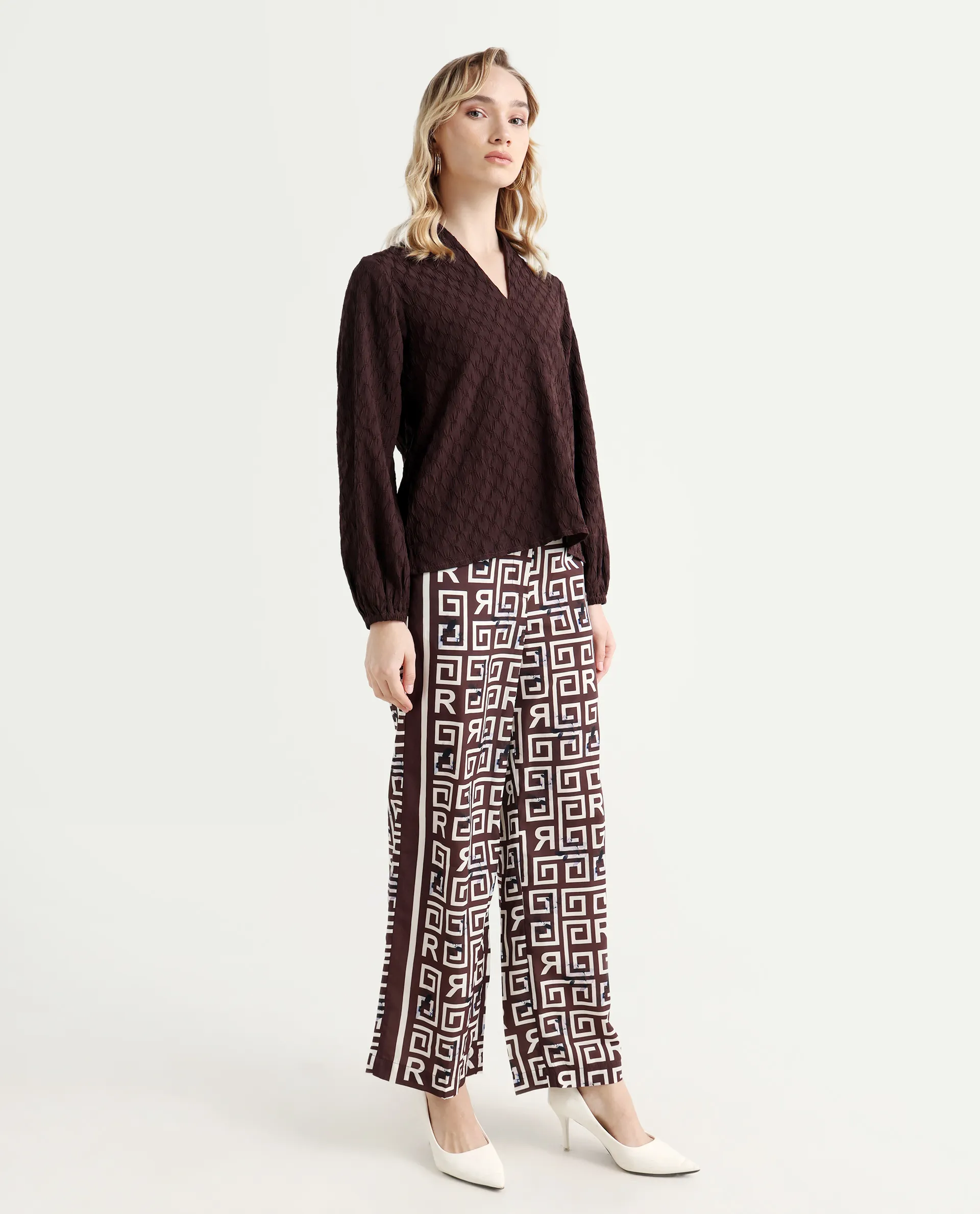 Rareism Women's Wood Brown Polyester Geometric Print Ankle Length Regular Fit Trouser - Image 6