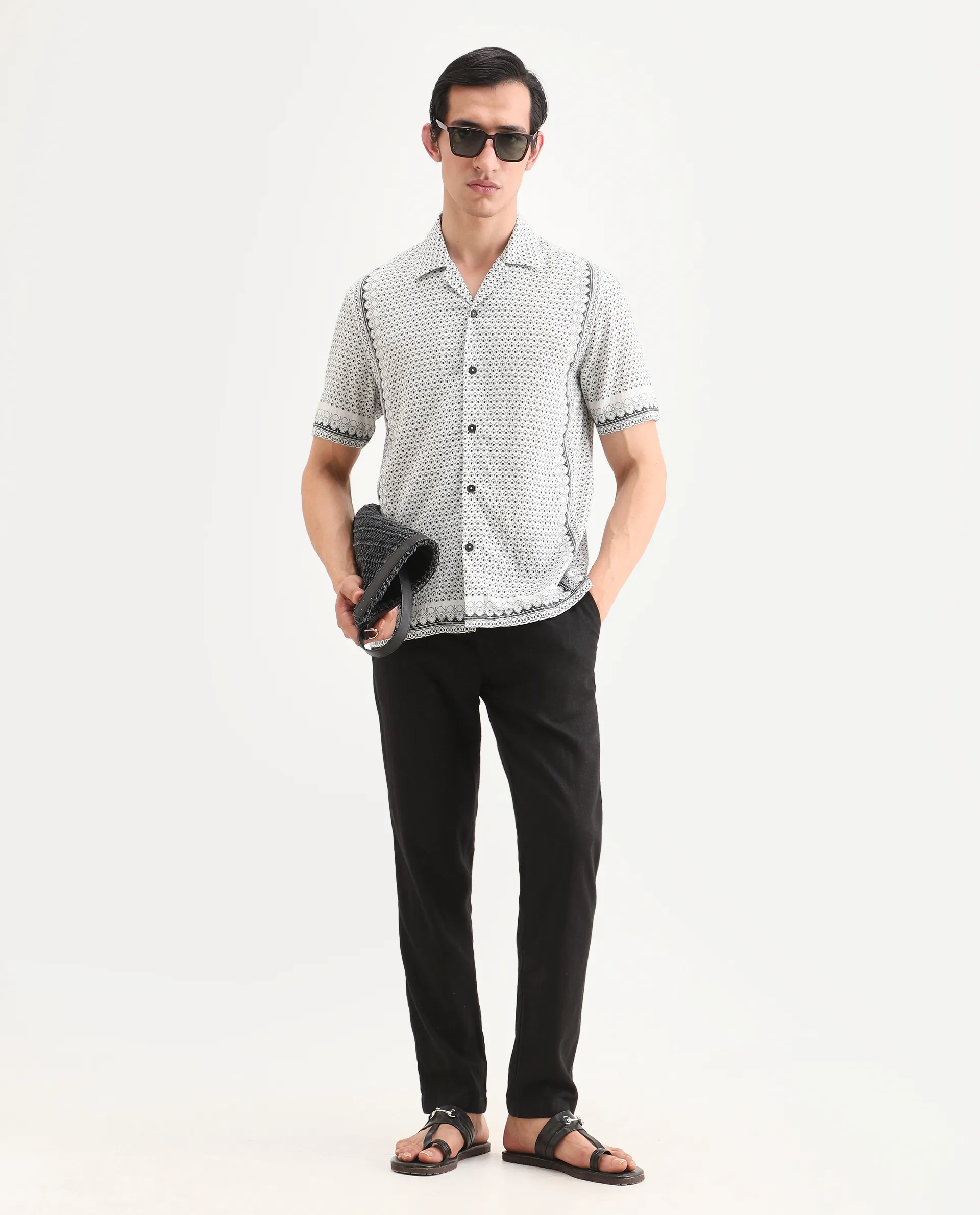 Rare Rabbit Men's Woqs White Viscose Blend Fabric Half Sleeve Cuban Collar Regular Fit Geometric Print Shirt - Image 2