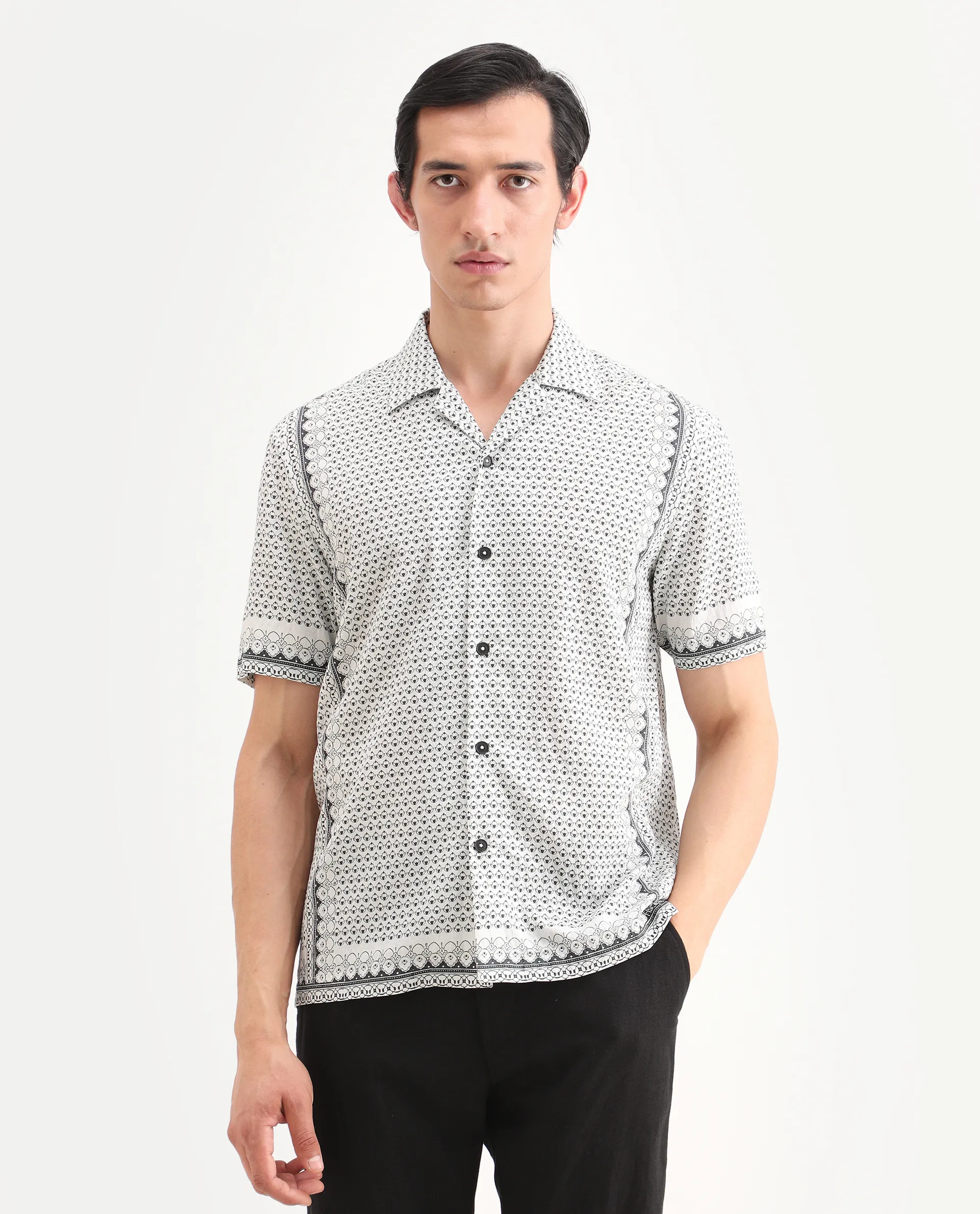 Rare Rabbit Men's Woqs White Viscose Blend Fabric Half Sleeve Cuban Collar Regular Fit Geometric Print Shirt - Image 3