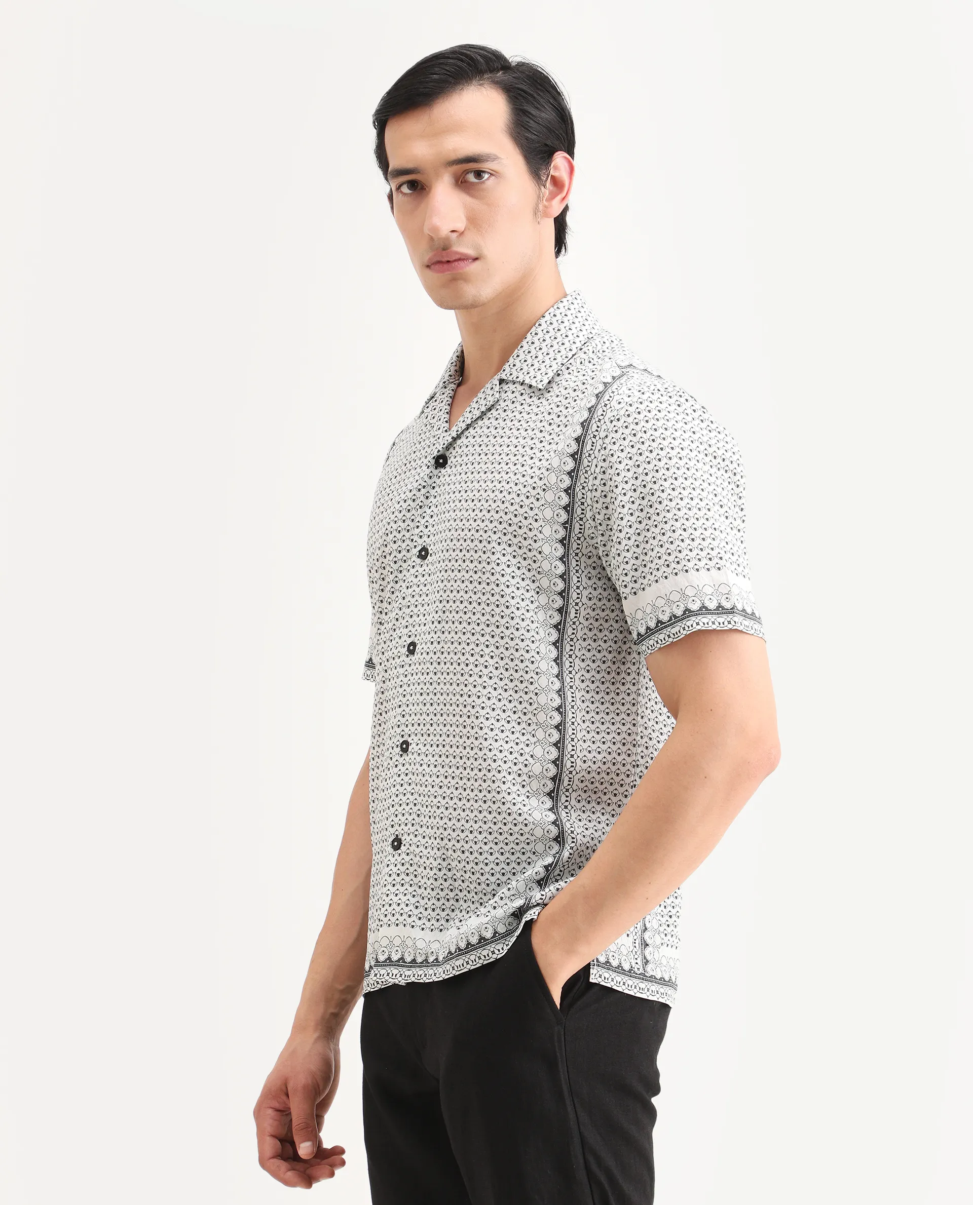 Rare Rabbit Men's Woqs White Viscose Blend Fabric Half Sleeve Cuban Collar Regular Fit Geometric Print Shirt - Image 5