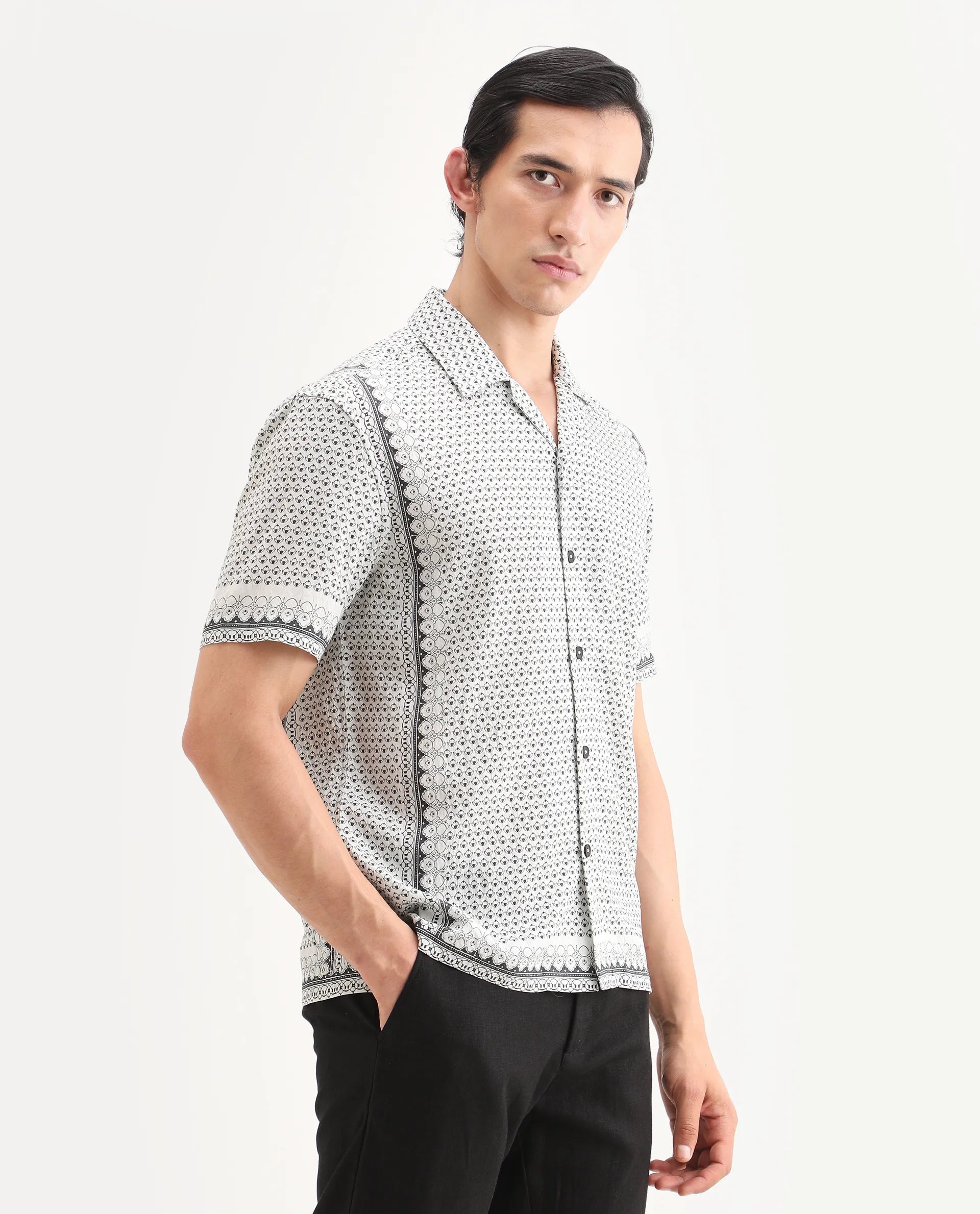 Rare Rabbit Men's Woqs White Viscose Blend Fabric Half Sleeve Cuban Collar Regular Fit Geometric Print Shirt - Image 6