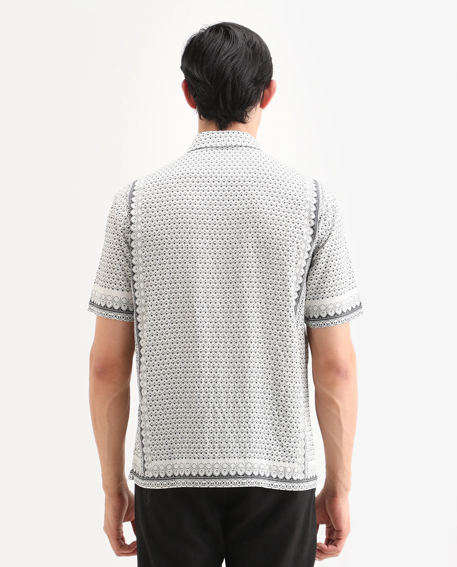 Rare Rabbit Men's Woqs White Viscose Blend Fabric Half Sleeve Cuban Collar Regular Fit Geometric Print Shirt - Image 7