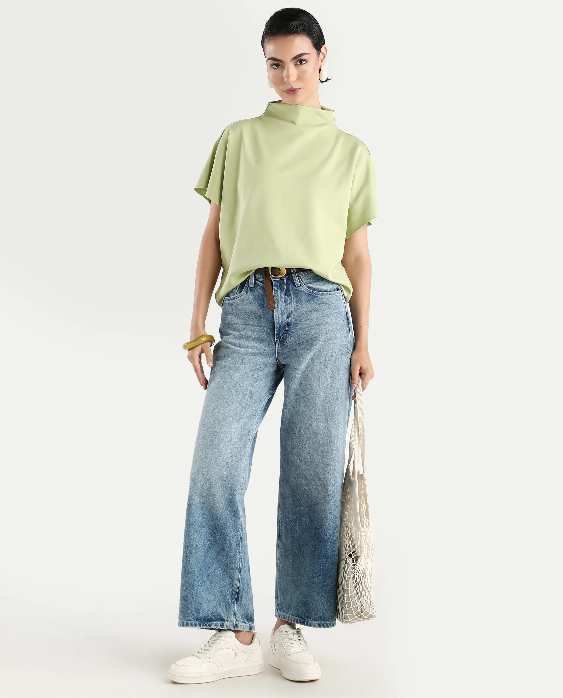 Rareism Women's Worknet Dusky Green Cotton Blend High Neck Plain Extended Sleeves Relaxed Fit Top - Image 2
