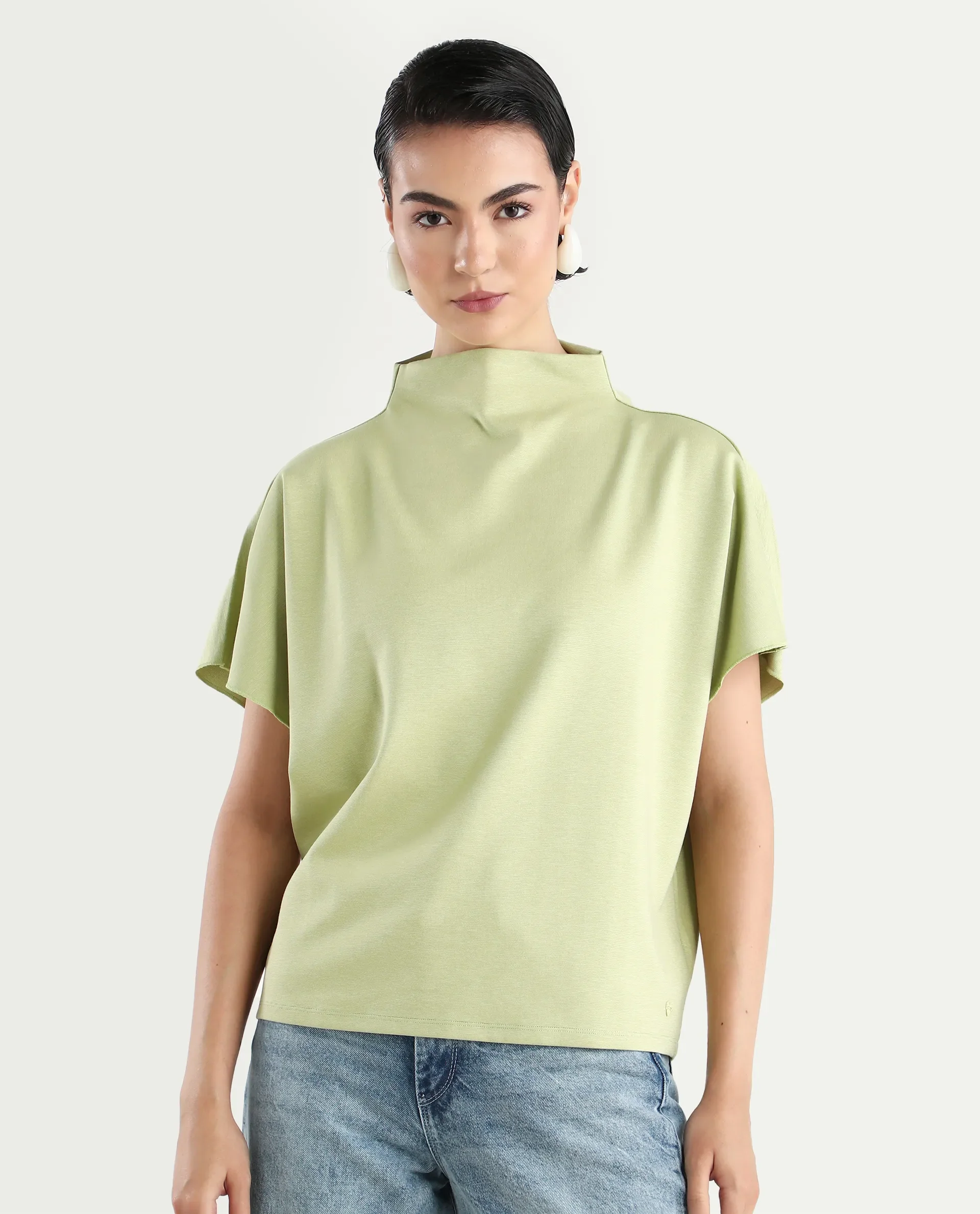Rareism Women's Worknet Dusky Green Cotton Blend High Neck Plain Extended Sleeves Relaxed Fit Top - Image 3