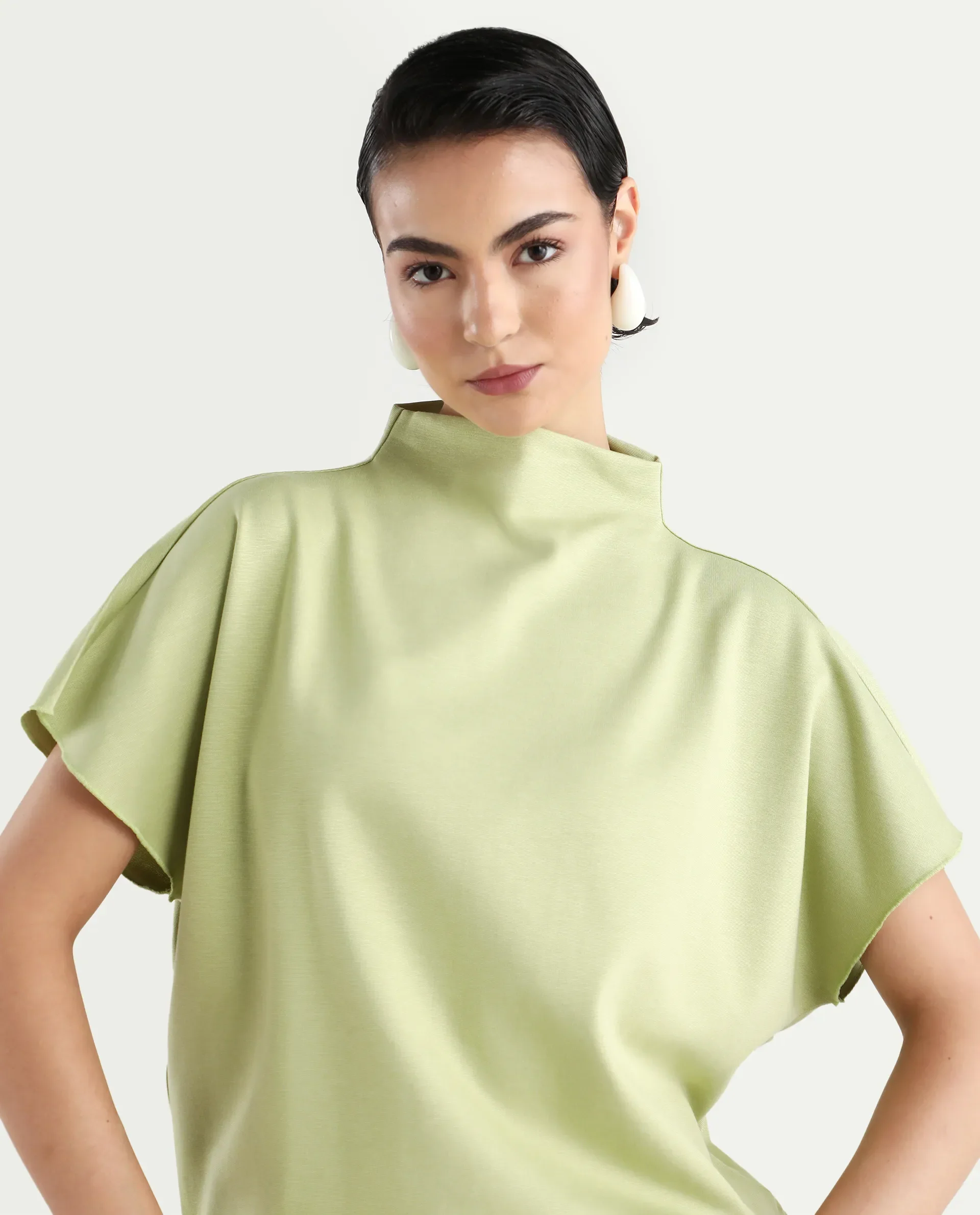 Rareism Women's Worknet Dusky Green Cotton Blend High Neck Plain Extended Sleeves Relaxed Fit Top - Image 4