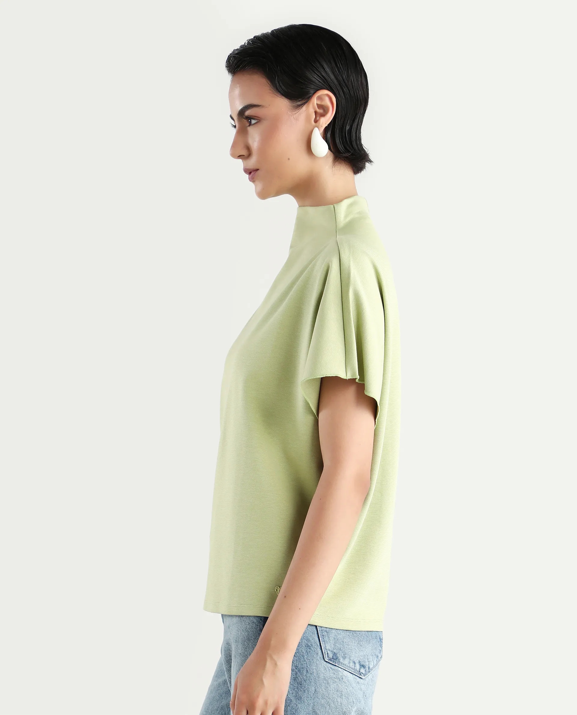 Rareism Women's Worknet Dusky Green Cotton Blend High Neck Plain Extended Sleeves Relaxed Fit Top - Image 6