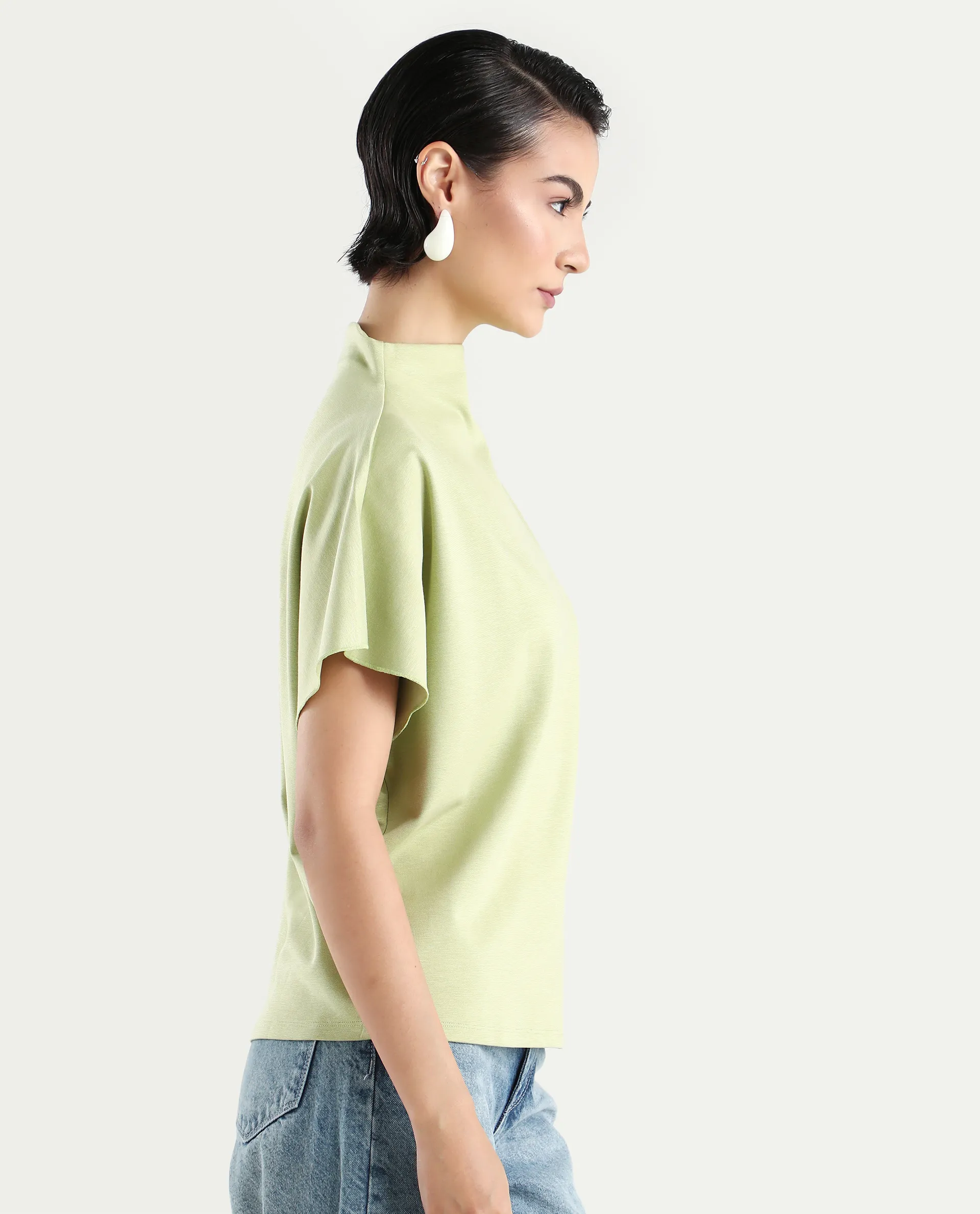 Rareism Women's Worknet Dusky Green Cotton Blend High Neck Plain Extended Sleeves Relaxed Fit Top - Image 7