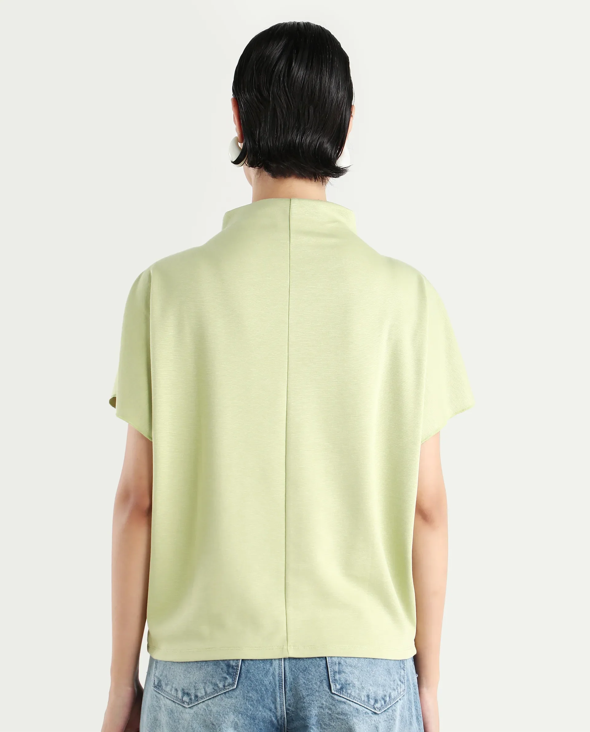 Rareism Women's Worknet Dusky Green Cotton Blend High Neck Plain Extended Sleeves Relaxed Fit Top - Image 8