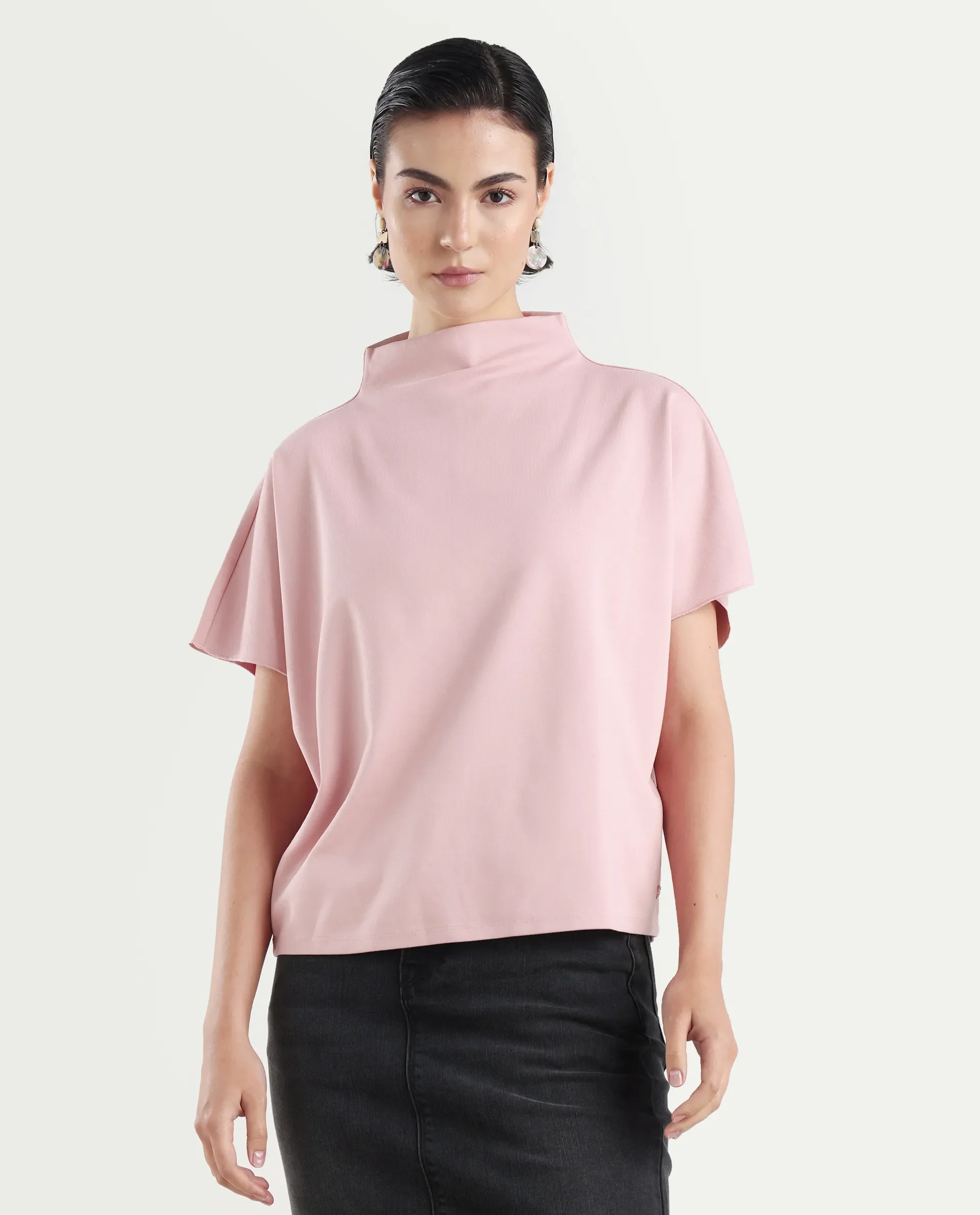 Rareism Women's Worknet Pink Cotton Blend High Neck Plain Extended Sleeves Relaxed Fit Top - Image 3
