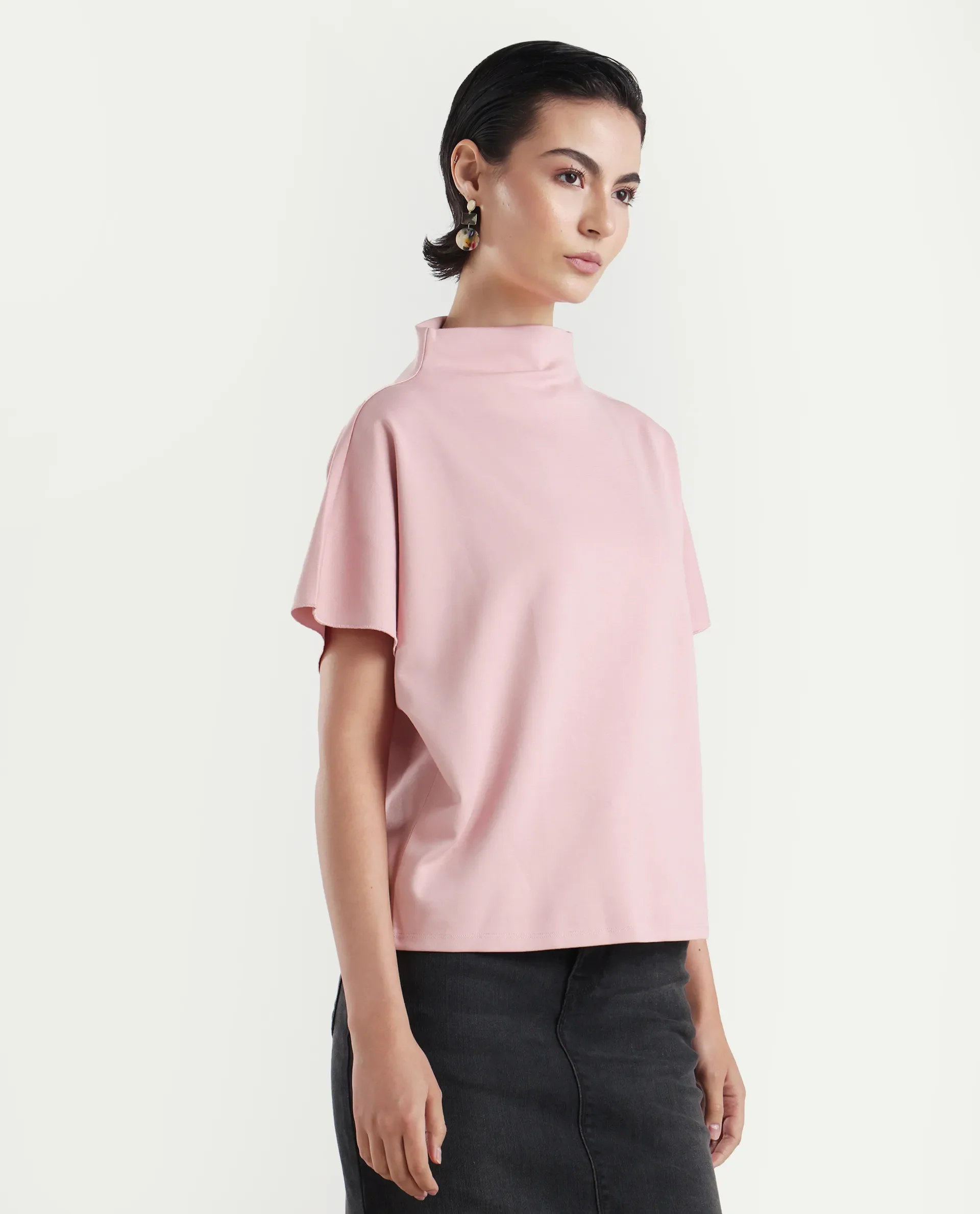Rareism Women's Worknet Pink Cotton Blend High Neck Plain Extended Sleeves Relaxed Fit Top - Image 5