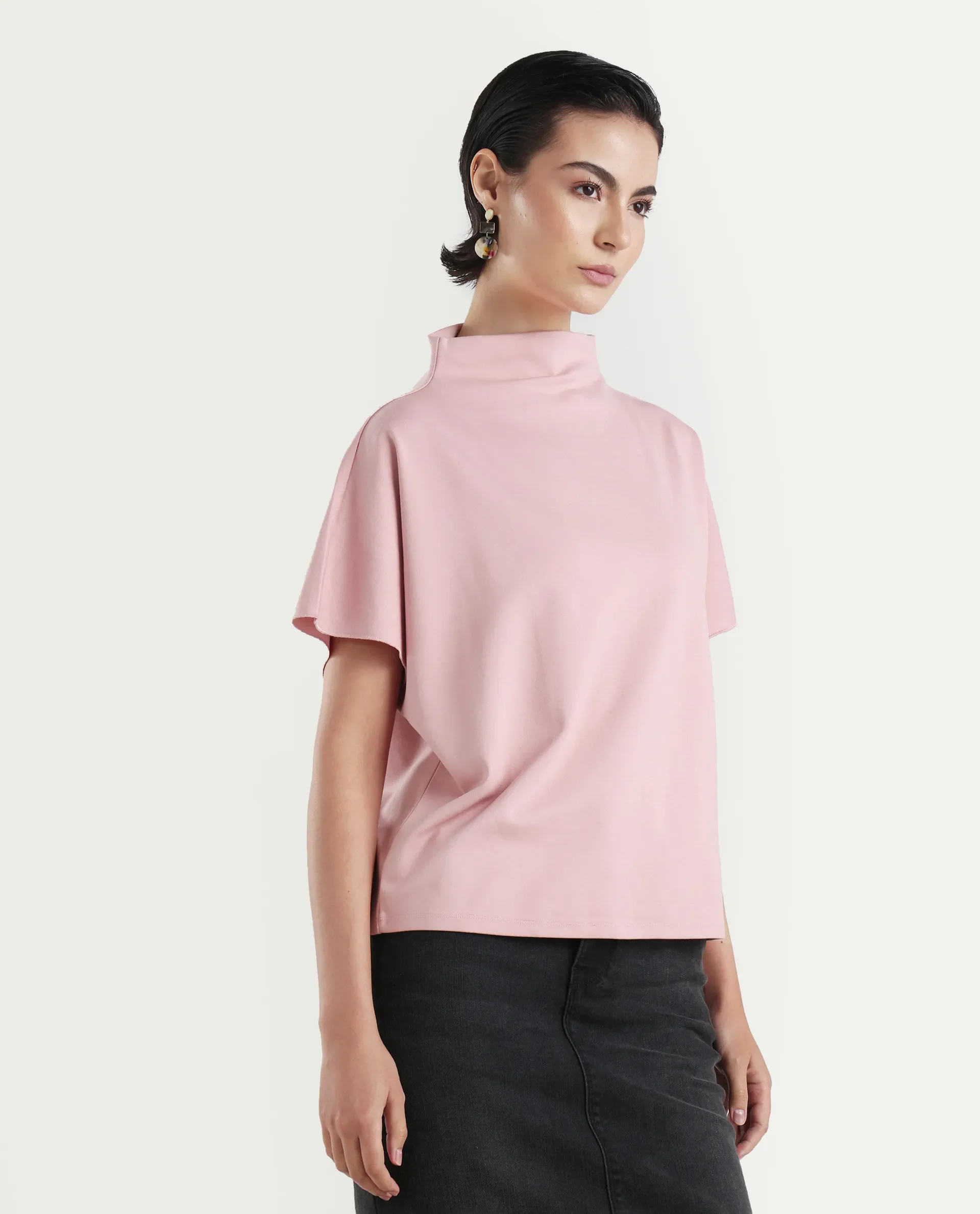 Rareism Women's Worknet Pink Cotton Blend High Neck Plain Extended Sleeves Relaxed Fit Top - Image 6