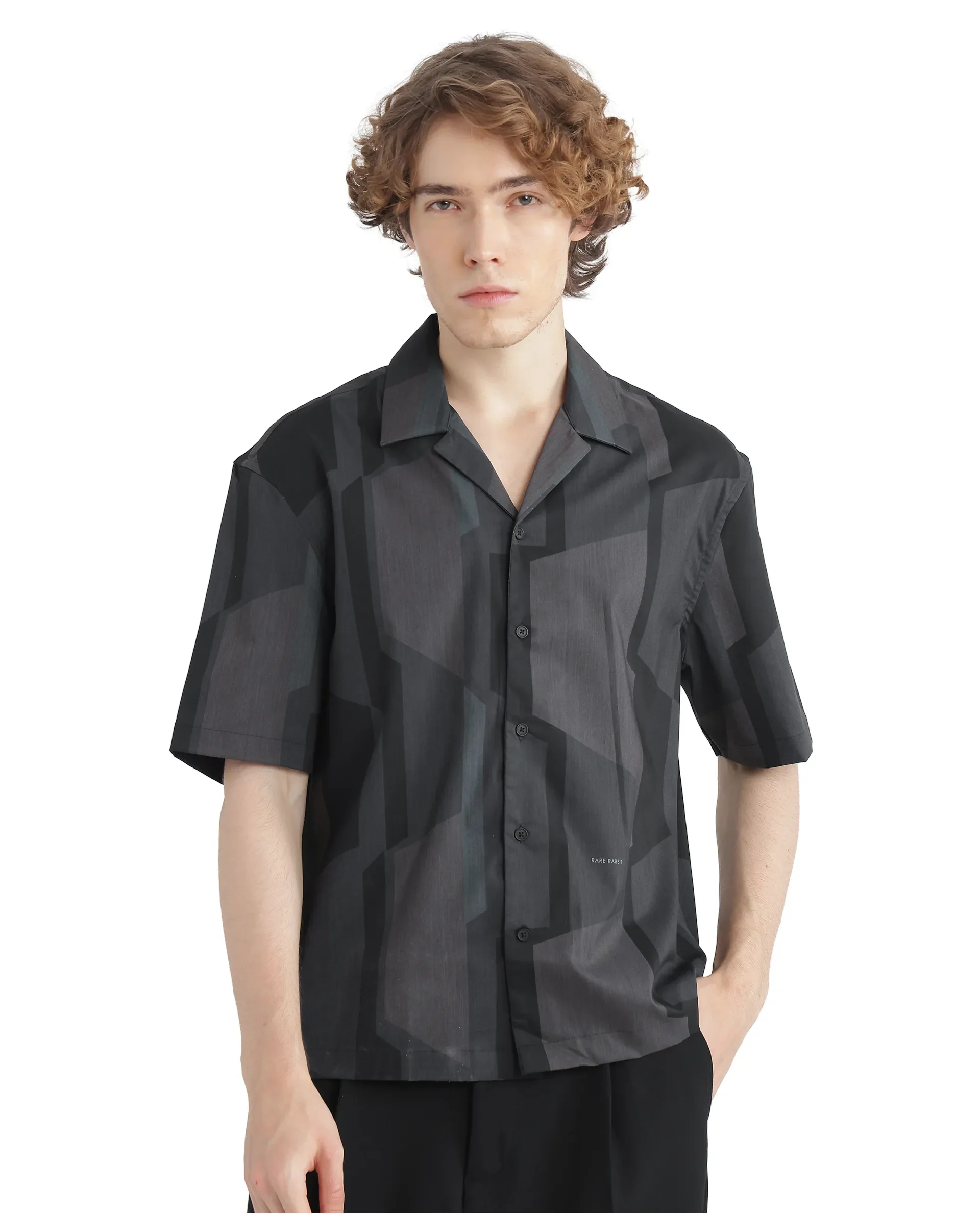 Rare Rabbit Men's Wote Navy Geometric Print Boxy Fit Half Sleeve Cuban Collar Shirt - Image 2