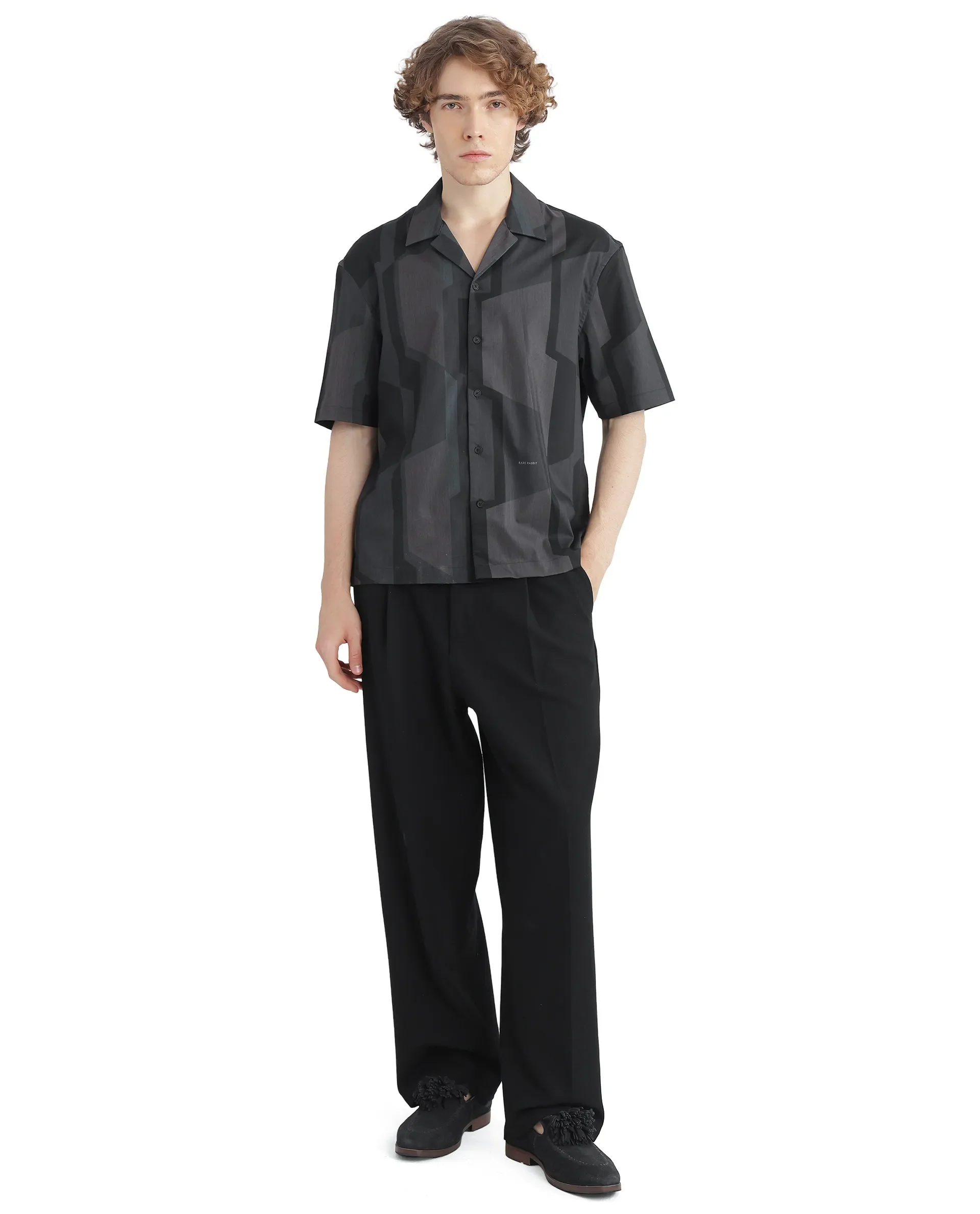 Rare Rabbit Men's Wote Navy Geometric Print Boxy Fit Half Sleeve Cuban Collar Shirt - Image 3