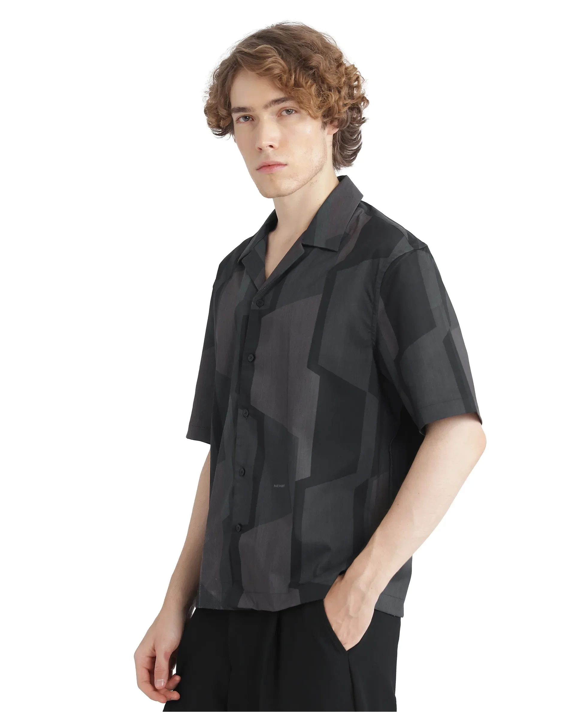 Rare Rabbit Men's Wote Navy Geometric Print Boxy Fit Half Sleeve Cuban Collar Shirt - Image 6