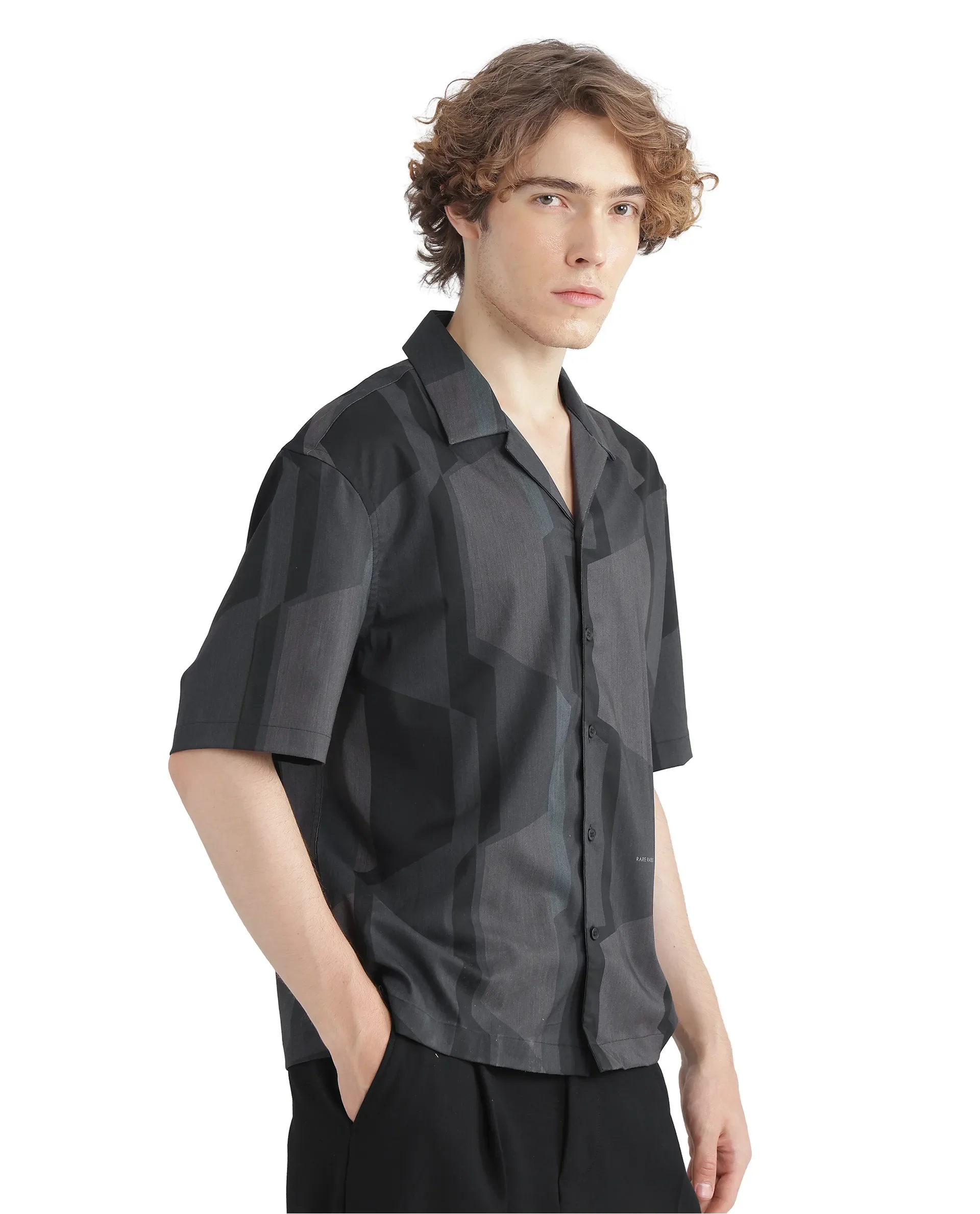 Rare Rabbit Men's Wote Navy Geometric Print Boxy Fit Half Sleeve Cuban Collar Shirt - Image 7