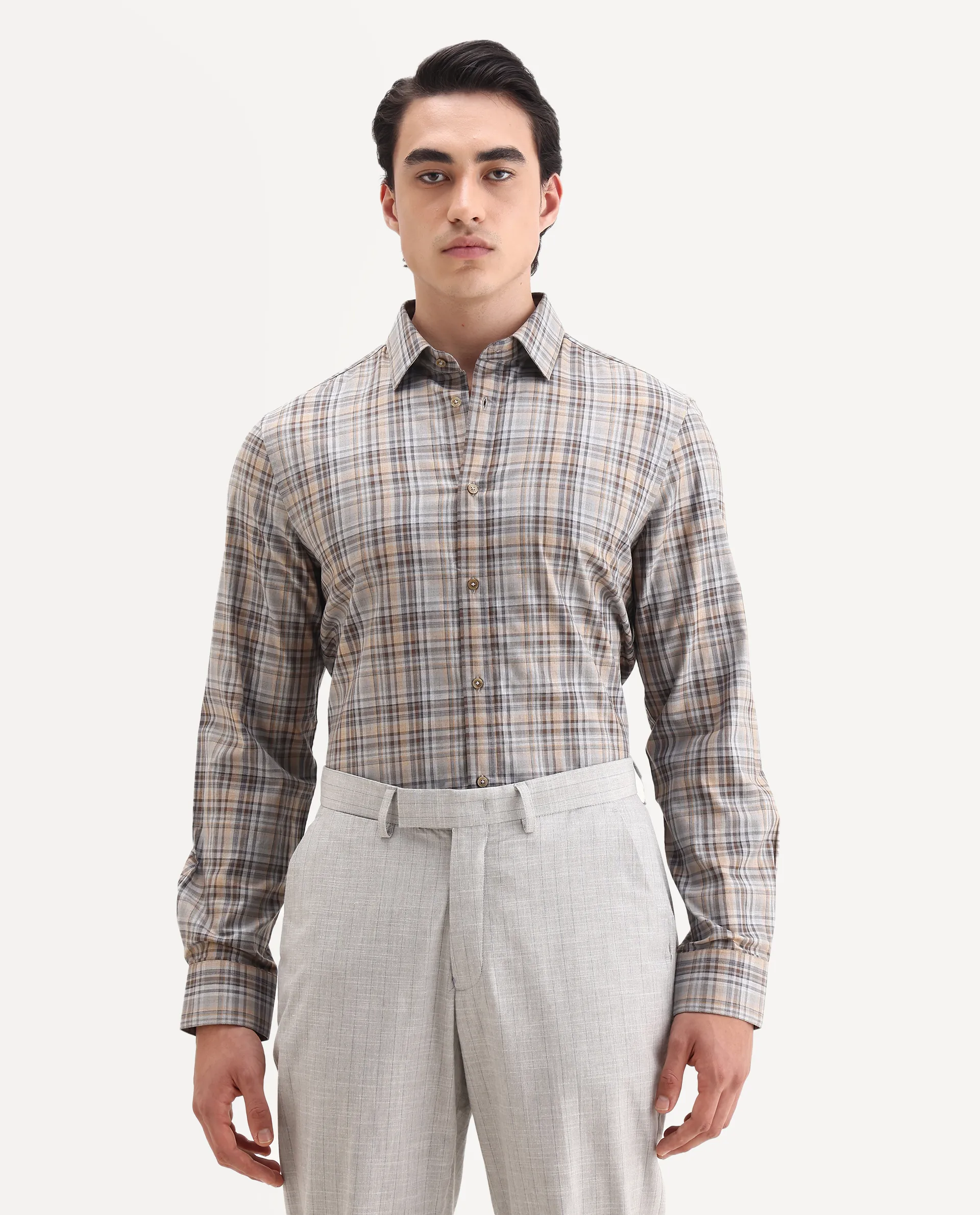 Rare Rabbit Men's Woti Grey Cotton Fabric Full Sleeve Collared Neck Regular Checked Shirt - Image 4