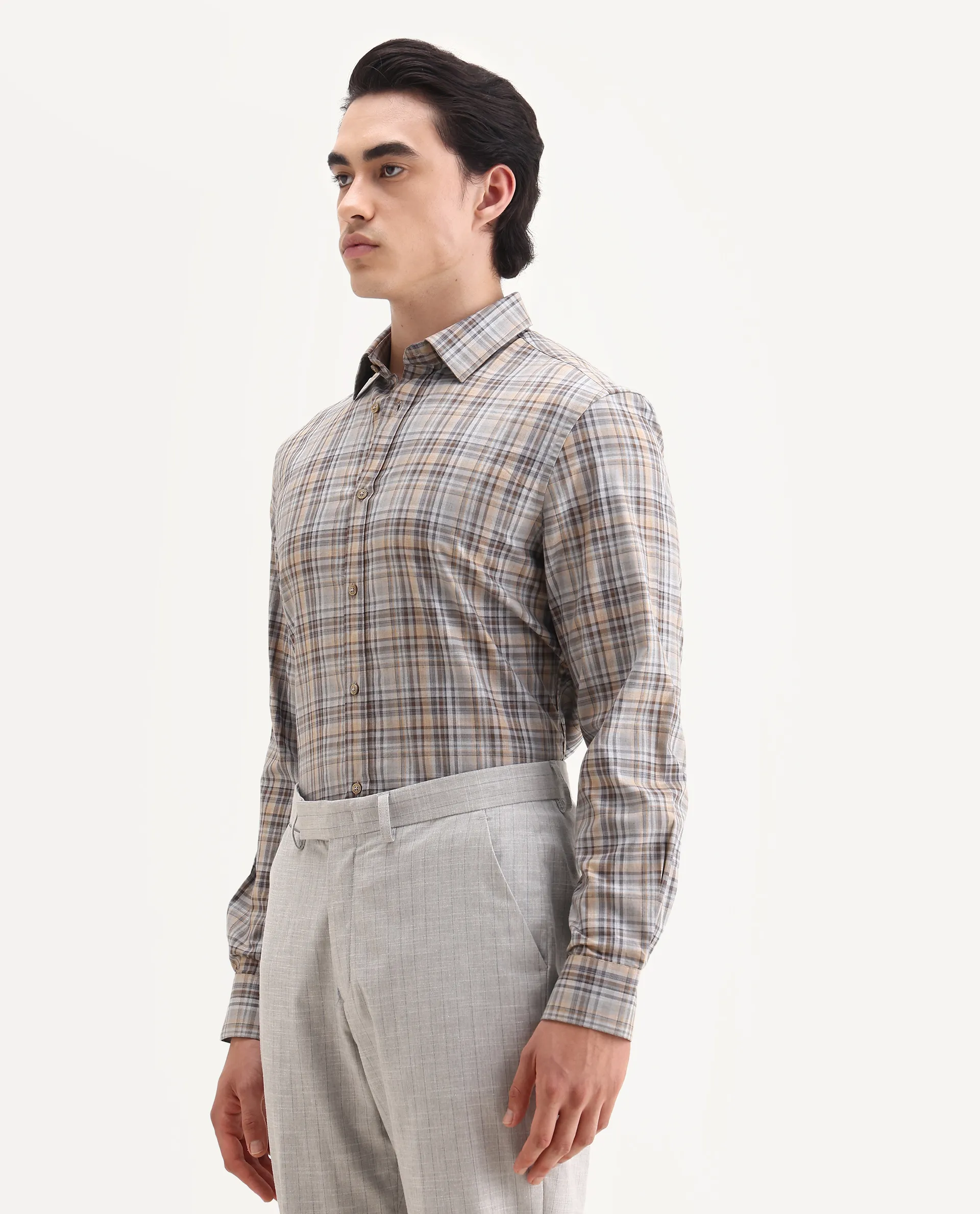 Rare Rabbit Men's Woti Grey Cotton Fabric Full Sleeve Collared Neck Regular Checked Shirt - Image 5