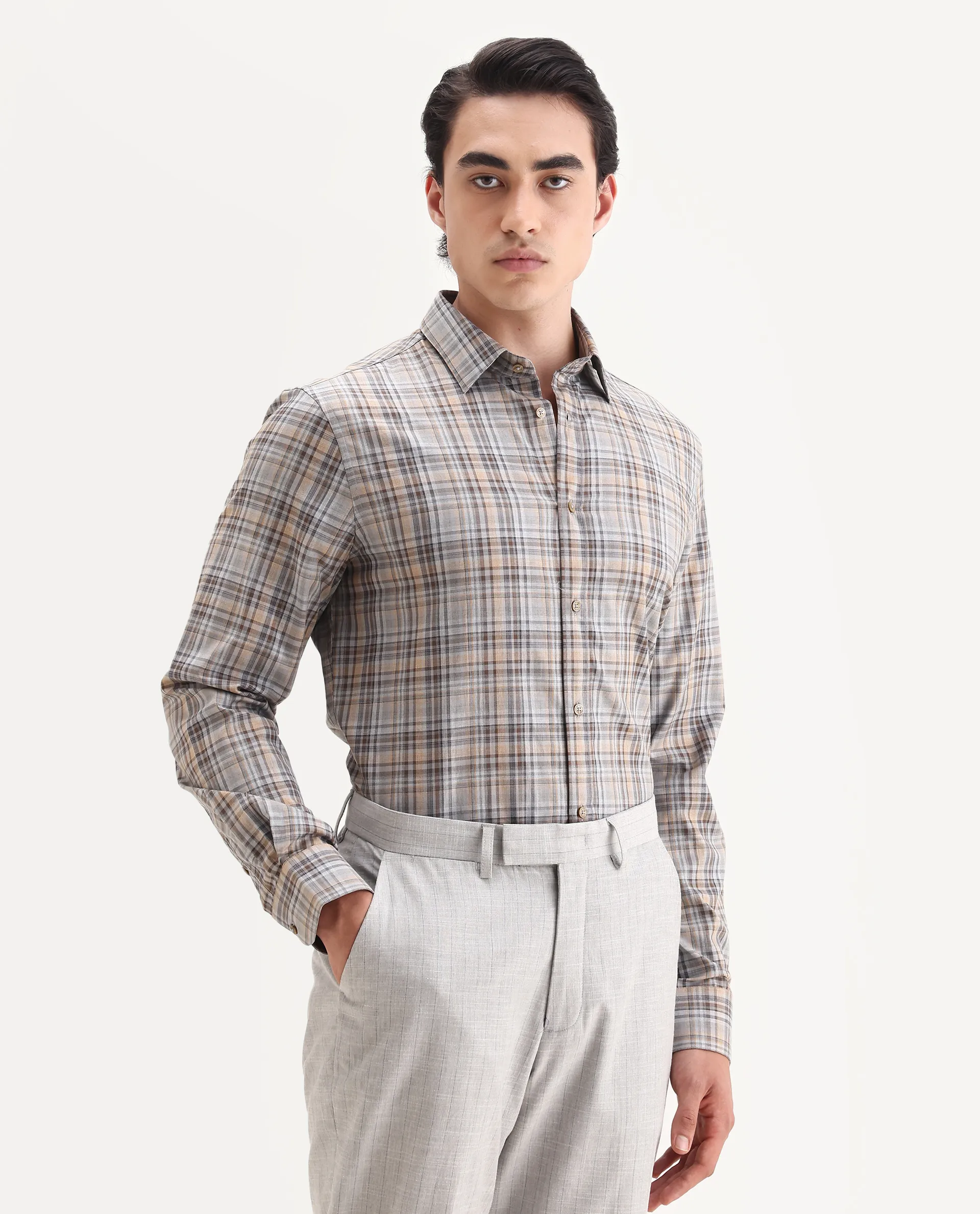 Rare Rabbit Men's Woti Grey Cotton Fabric Full Sleeve Collared Neck Regular Checked Shirt - Image 6