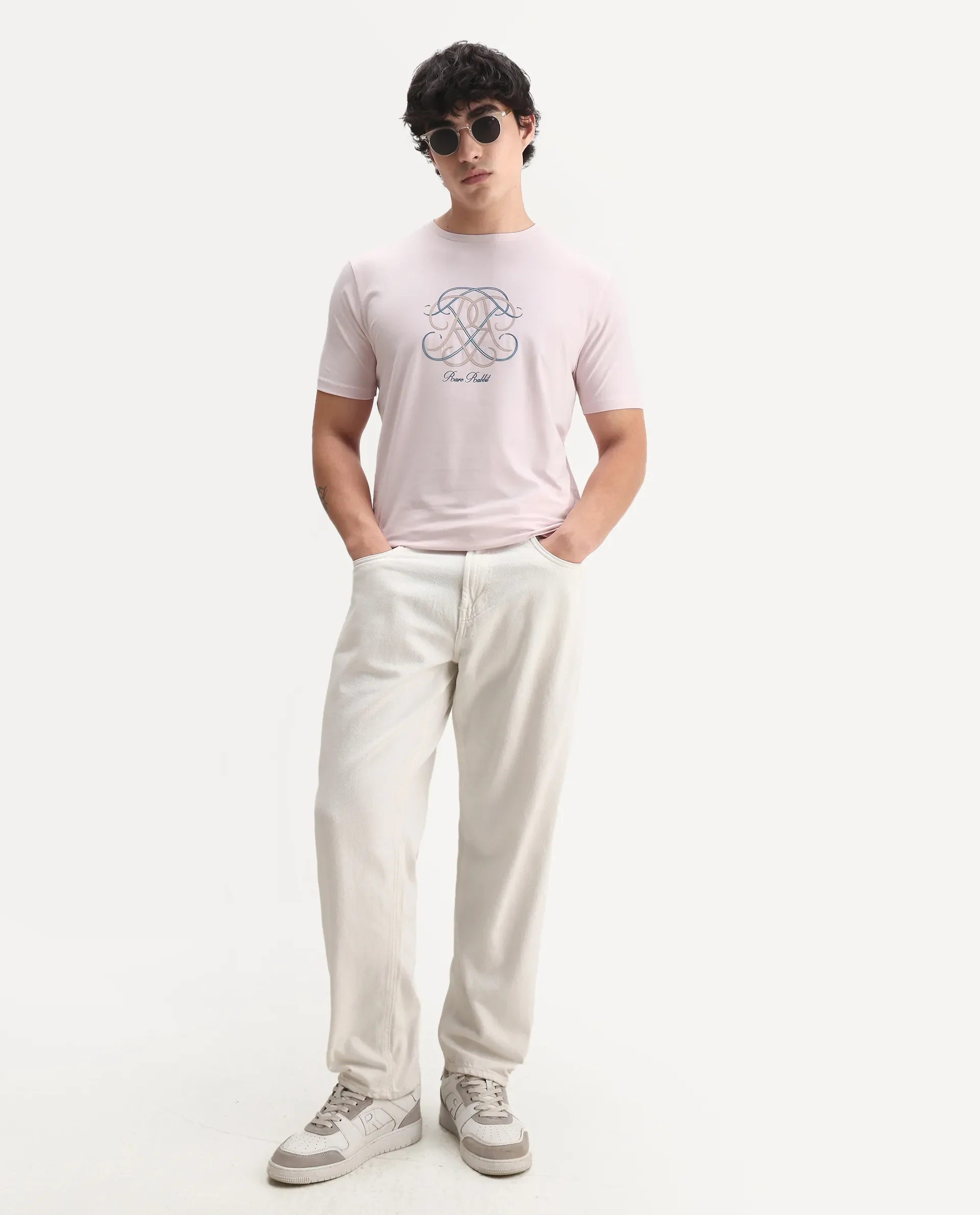 Rare Rabbit Men's Wrax Light Pink Cotton Blend Hd Print Regular Fit Half Sleeve Crew Neck T-Shirt - Image 2