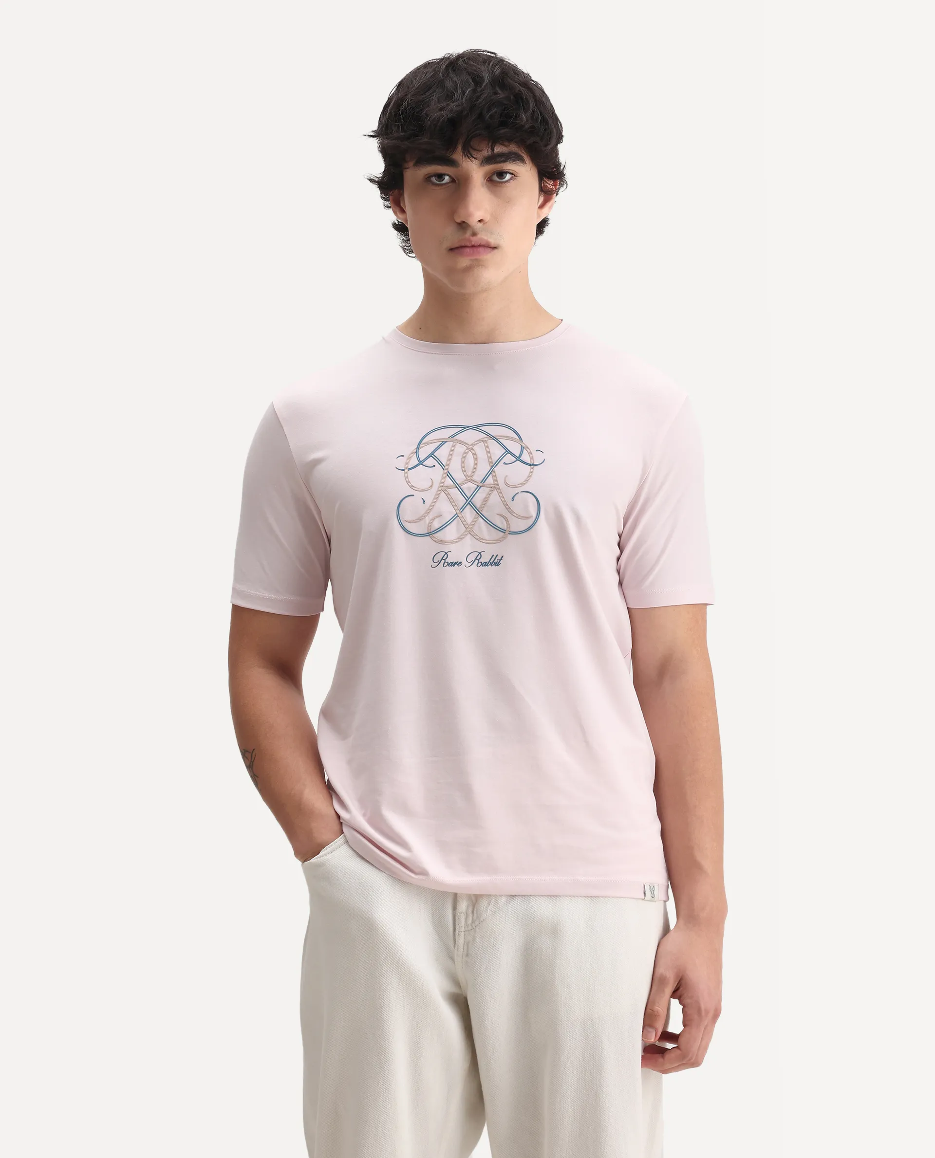Rare Rabbit Men's Wrax Light Pink Cotton Blend Hd Print Regular Fit Half Sleeve Crew Neck T-Shirt - Image 4