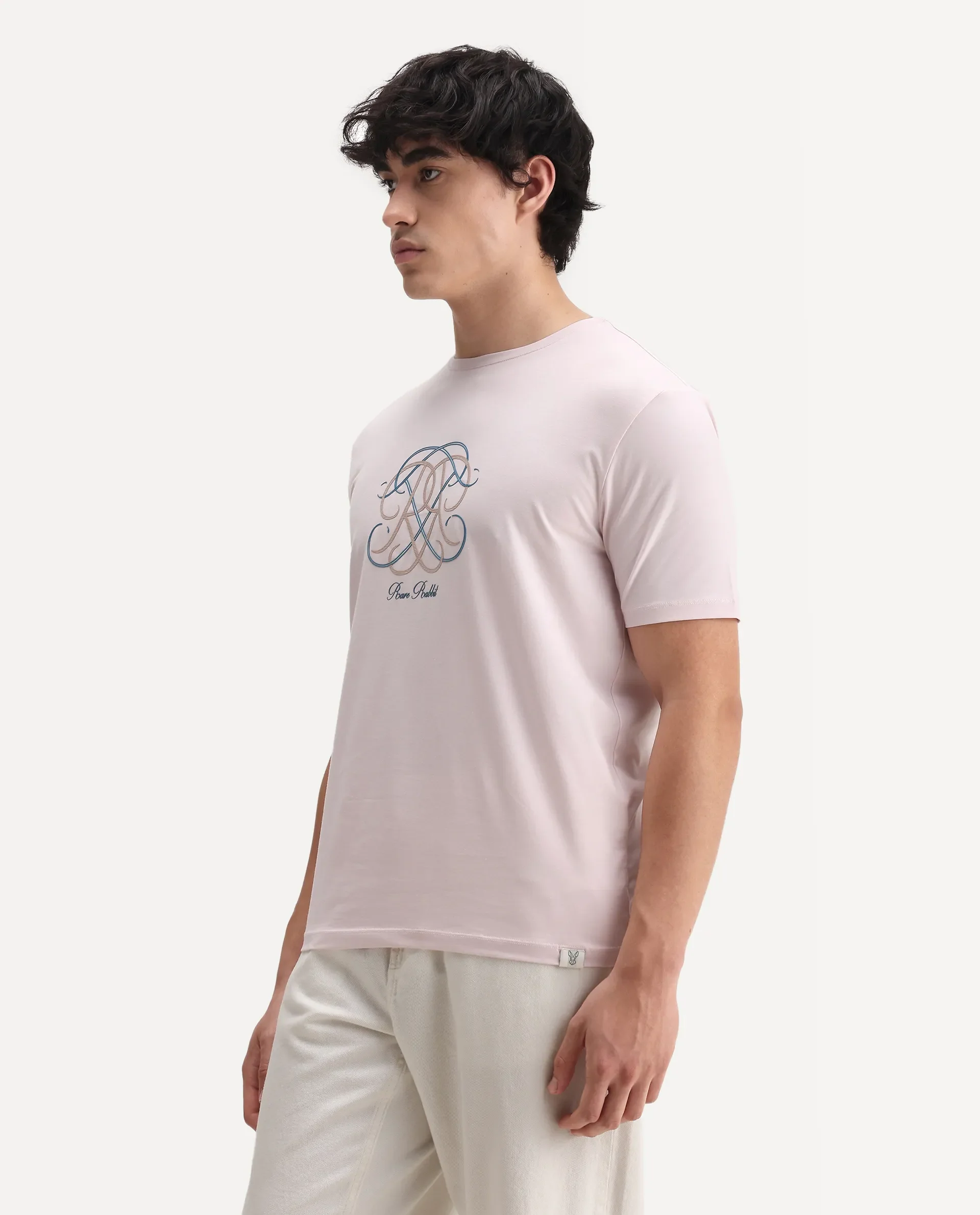 Rare Rabbit Men's Wrax Light Pink Cotton Blend Hd Print Regular Fit Half Sleeve Crew Neck T-Shirt - Image 5
