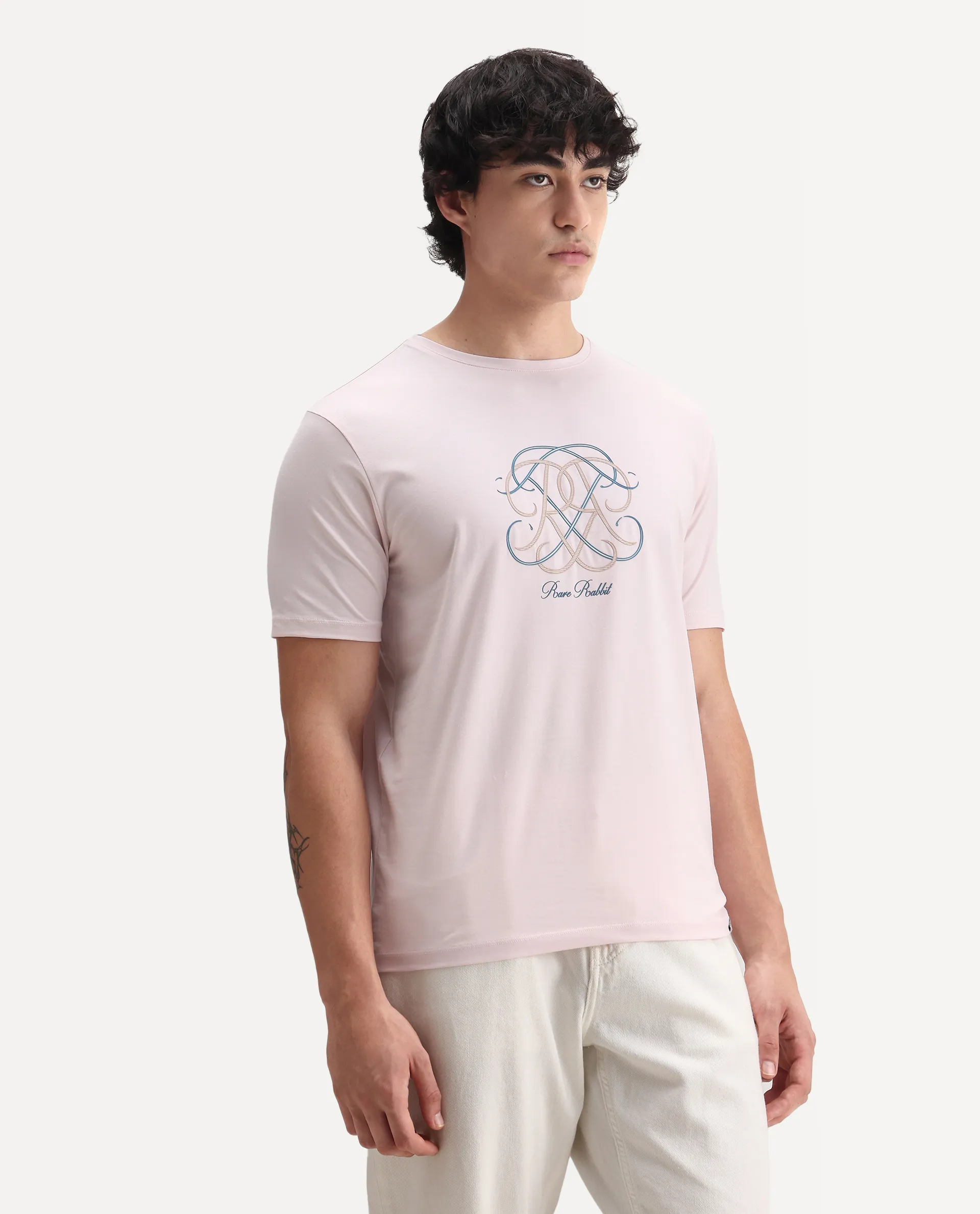 Rare Rabbit Men's Wrax Light Pink Cotton Blend Hd Print Regular Fit Half Sleeve Crew Neck T-Shirt - Image 6