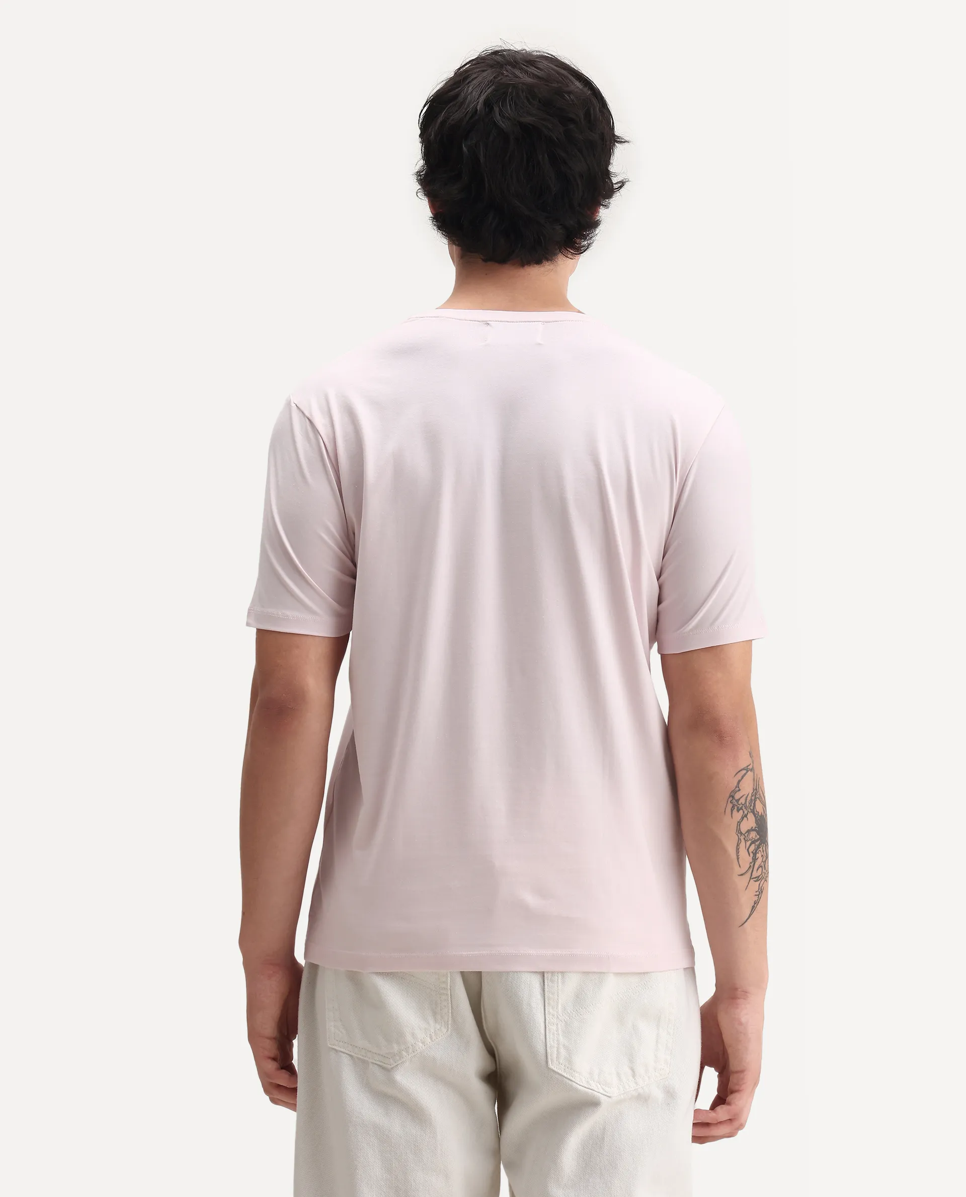 Rare Rabbit Men's Wrax Light Pink Cotton Blend Hd Print Regular Fit Half Sleeve Crew Neck T-Shirt - Image 7