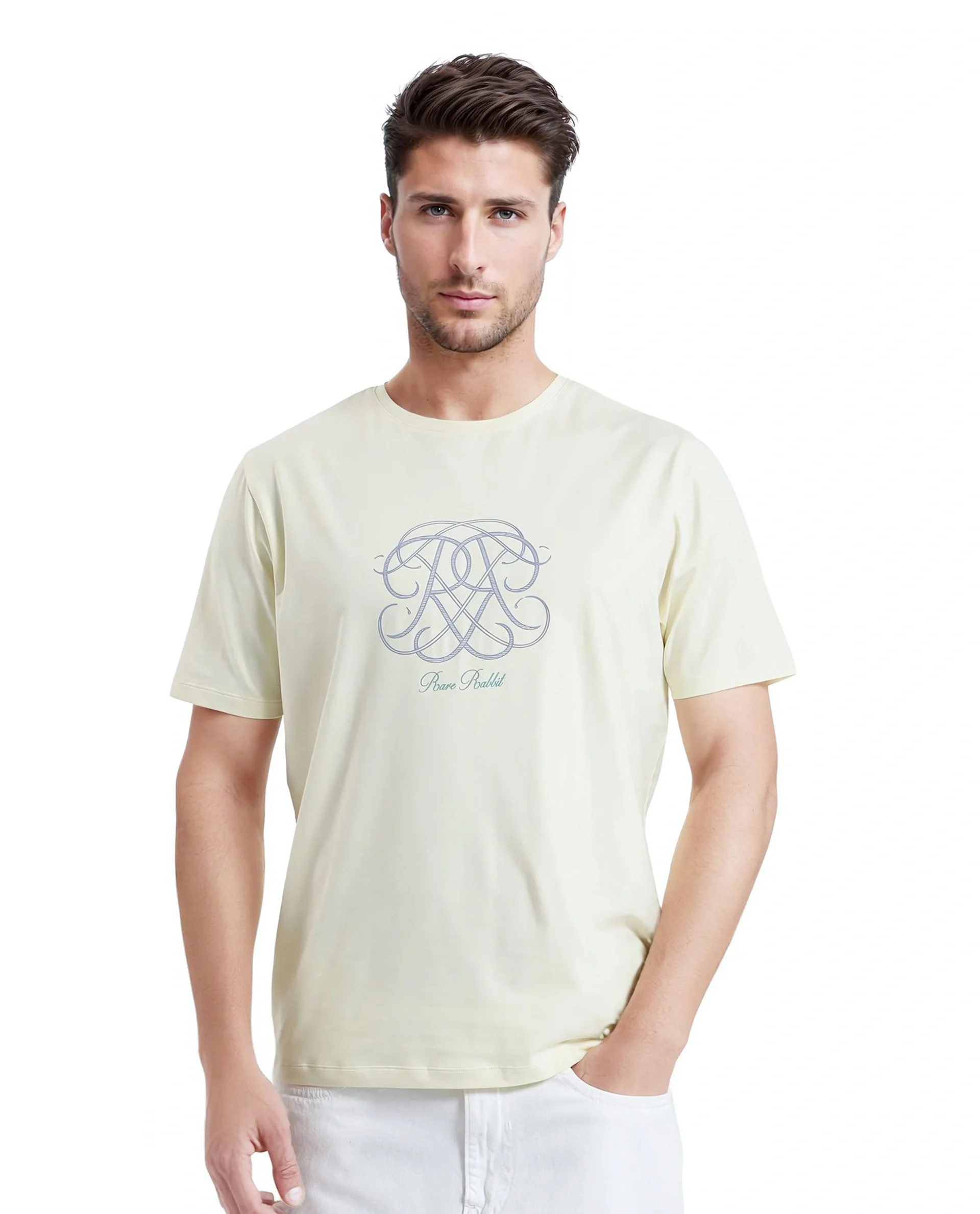 Rare Rabbit Men's Wrax Pastel Yellow Cotton Blend Graphic Print Regular Fit Half Sleeve Crew Neck T-Shirt