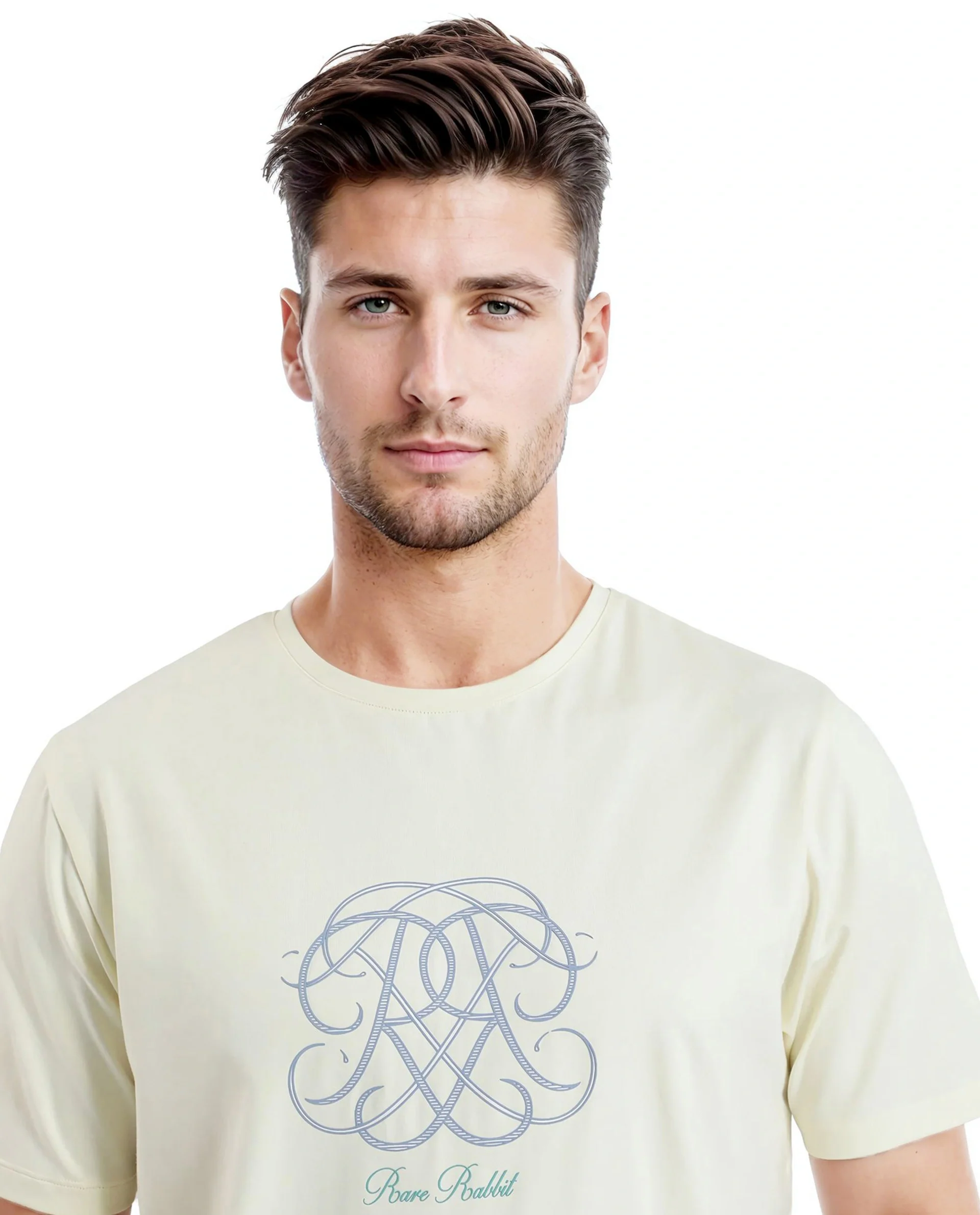 Rare Rabbit Men's Wrax Pastel Yellow Cotton Blend Graphic Print Regular Fit Half Sleeve Crew Neck T-Shirt - Image 2