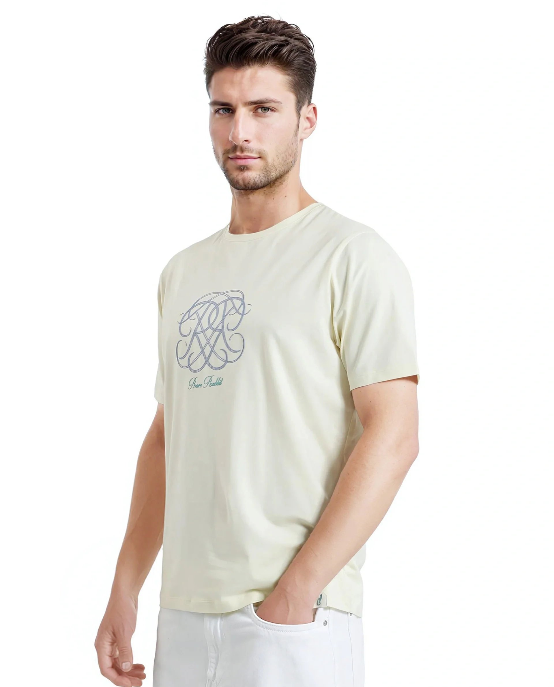 Rare Rabbit Men's Wrax Pastel Yellow Cotton Blend Graphic Print Regular Fit Half Sleeve Crew Neck T-Shirt - Image 5