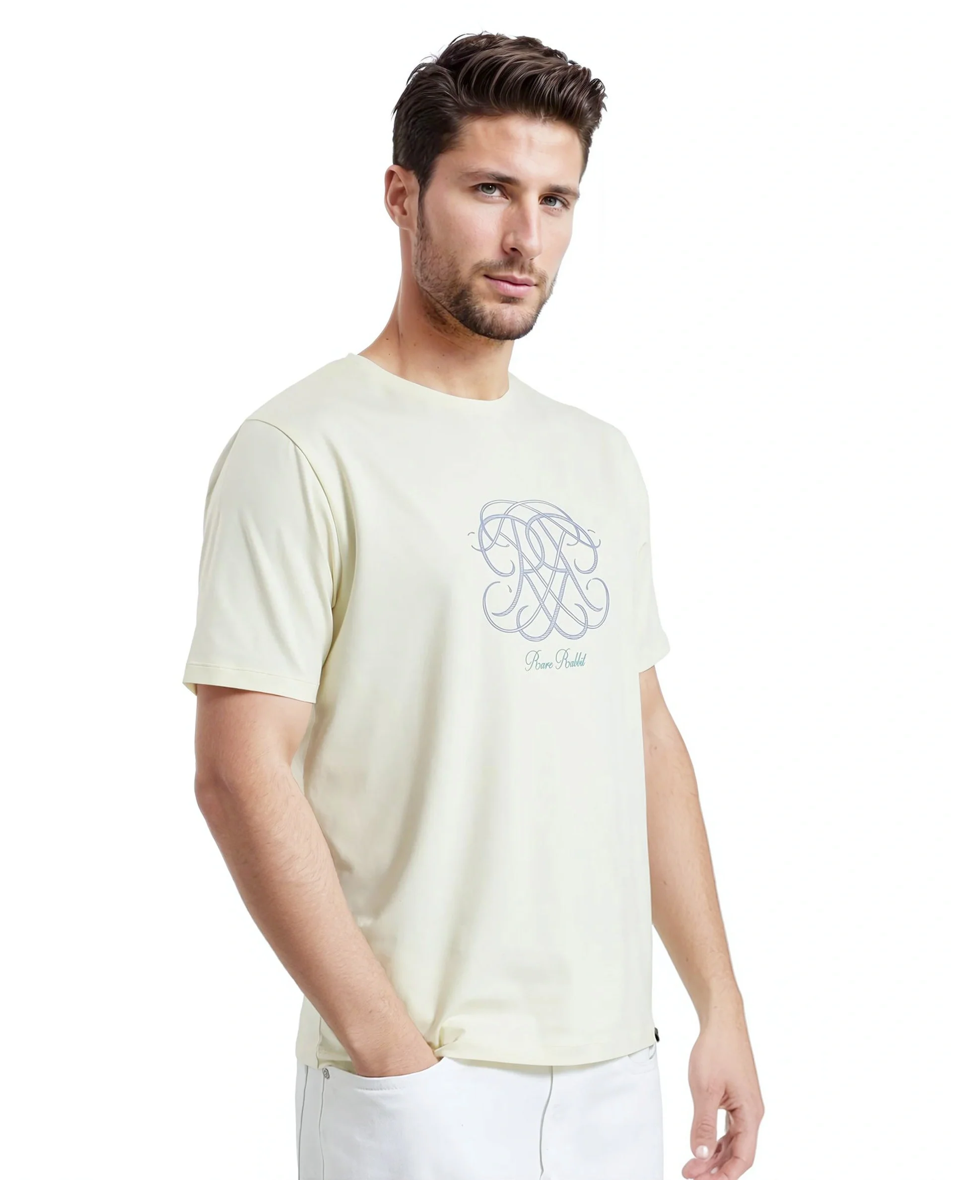 Rare Rabbit Men's Wrax Pastel Yellow Cotton Blend Graphic Print Regular Fit Half Sleeve Crew Neck T-Shirt - Image 6